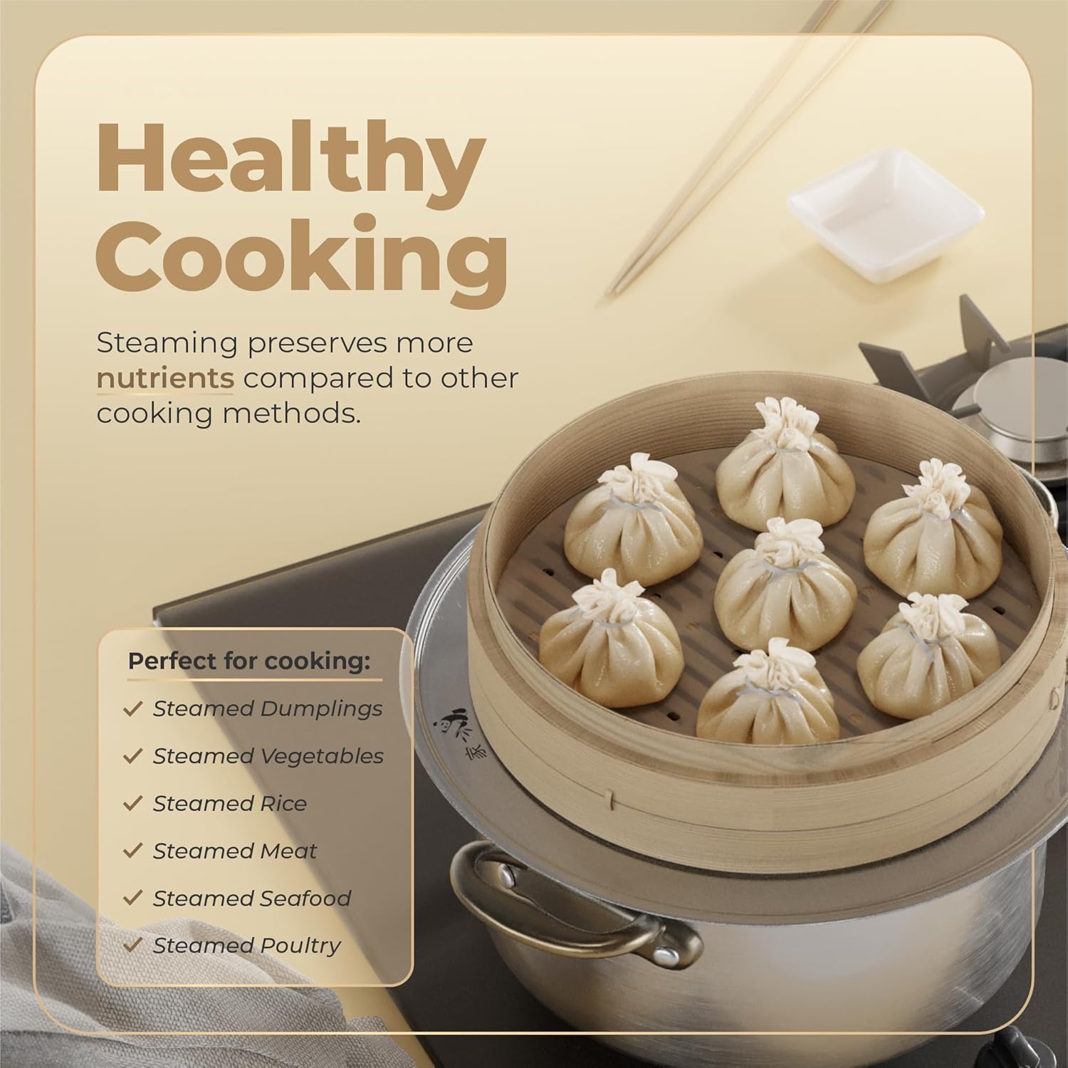 Highlights the health benefits of steaming and showcases the versatility of the product for cooking various foods. Provides examples of foods that can be cooked using the steaming method, guiding…