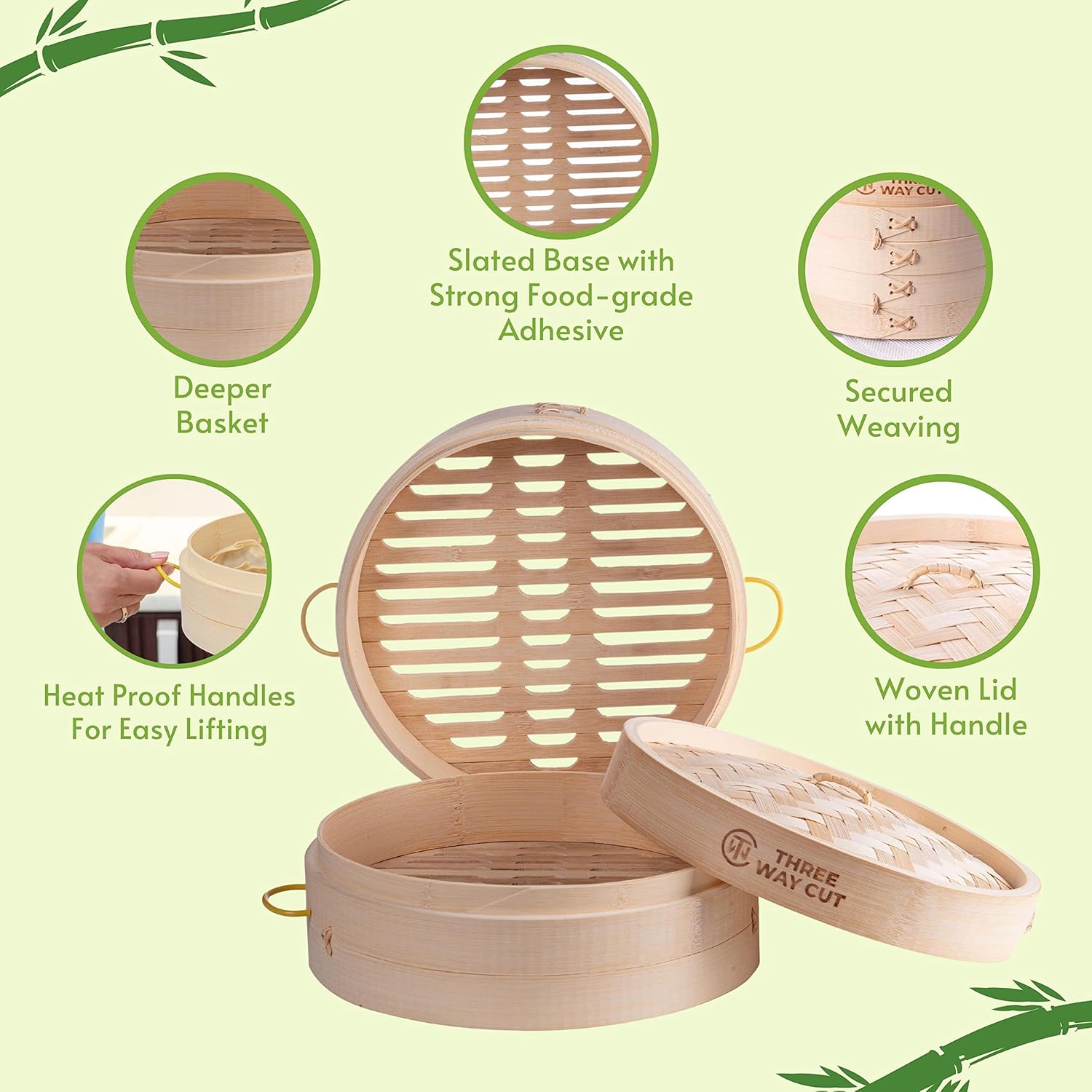 Highlights the key features and components of the bamboo steamer, showcasing its quality construction and design elements.