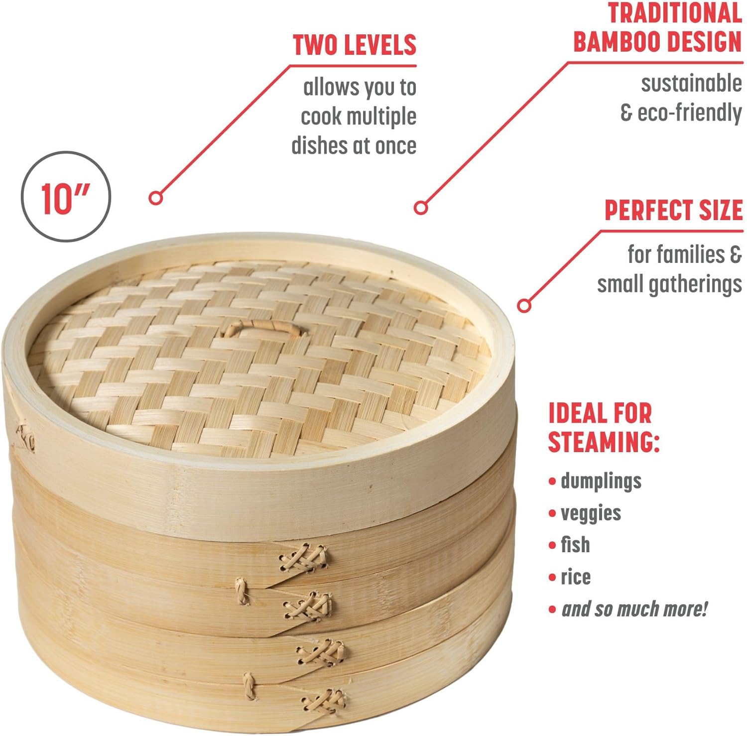 Highlights multiple benefits of the bamboo steamer, including its two-level design for cooking multiple dishes, eco-friendly material, and versatility for various foods.