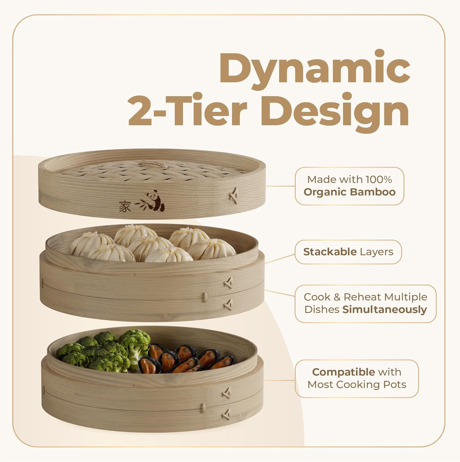Showcases the product's eco-friendly material, stackable functionality, and versatility for cooking multiple dishes simultaneously.