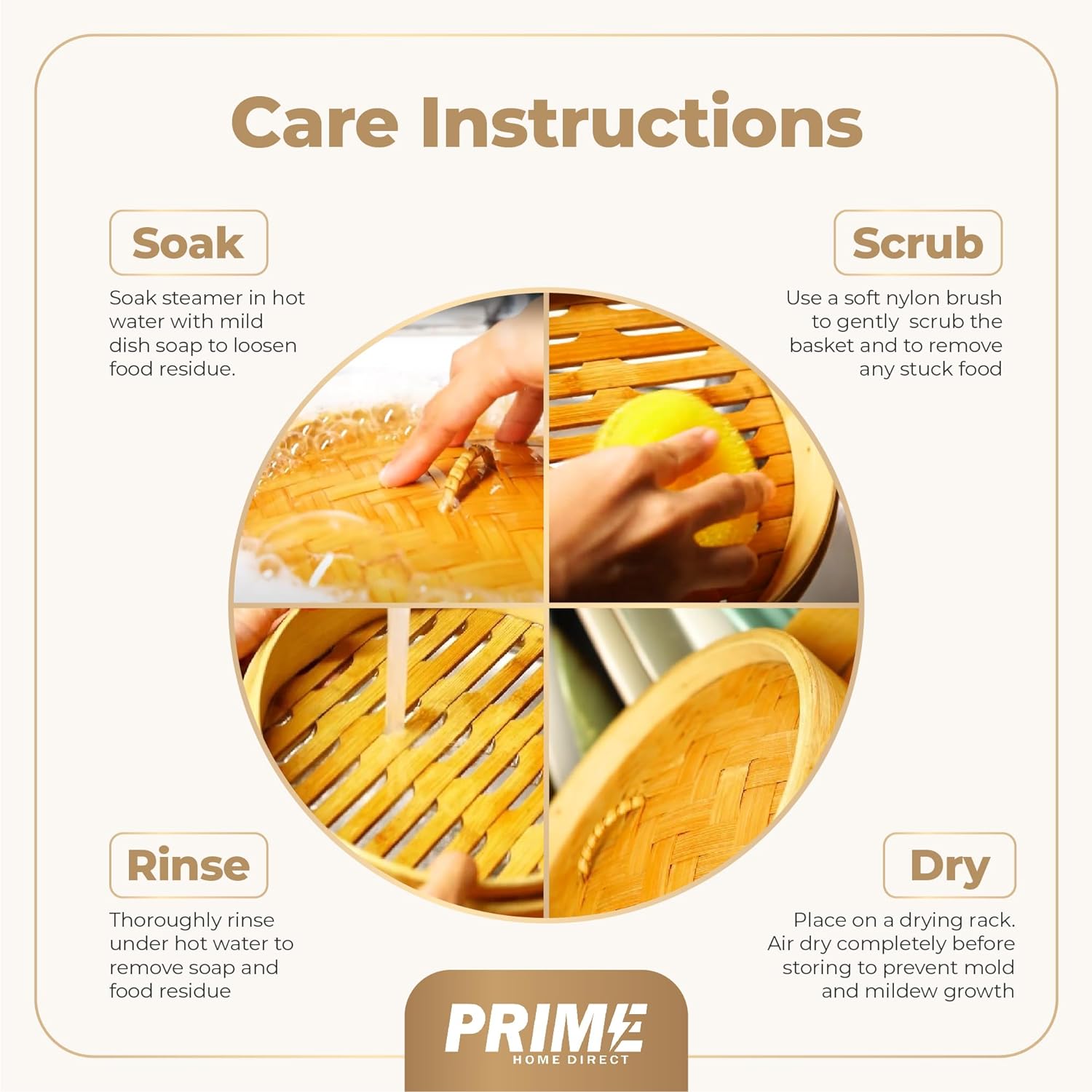 Provides step-by-step instructions on how to properly clean and care for the bamboo steamer basket.