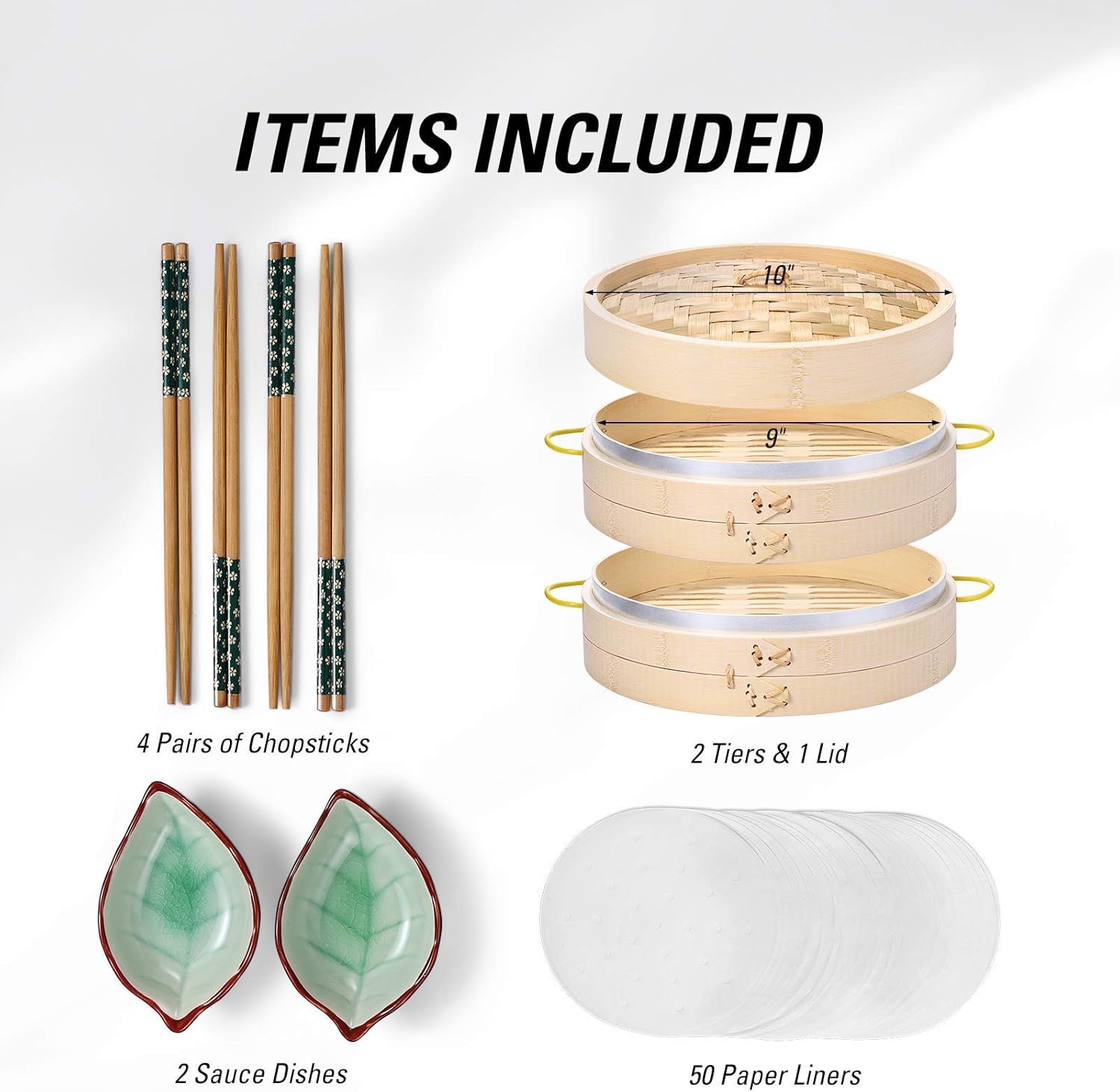 Shows all items included in the bamboo steamer set, helping customers understand the full value of their purchase.