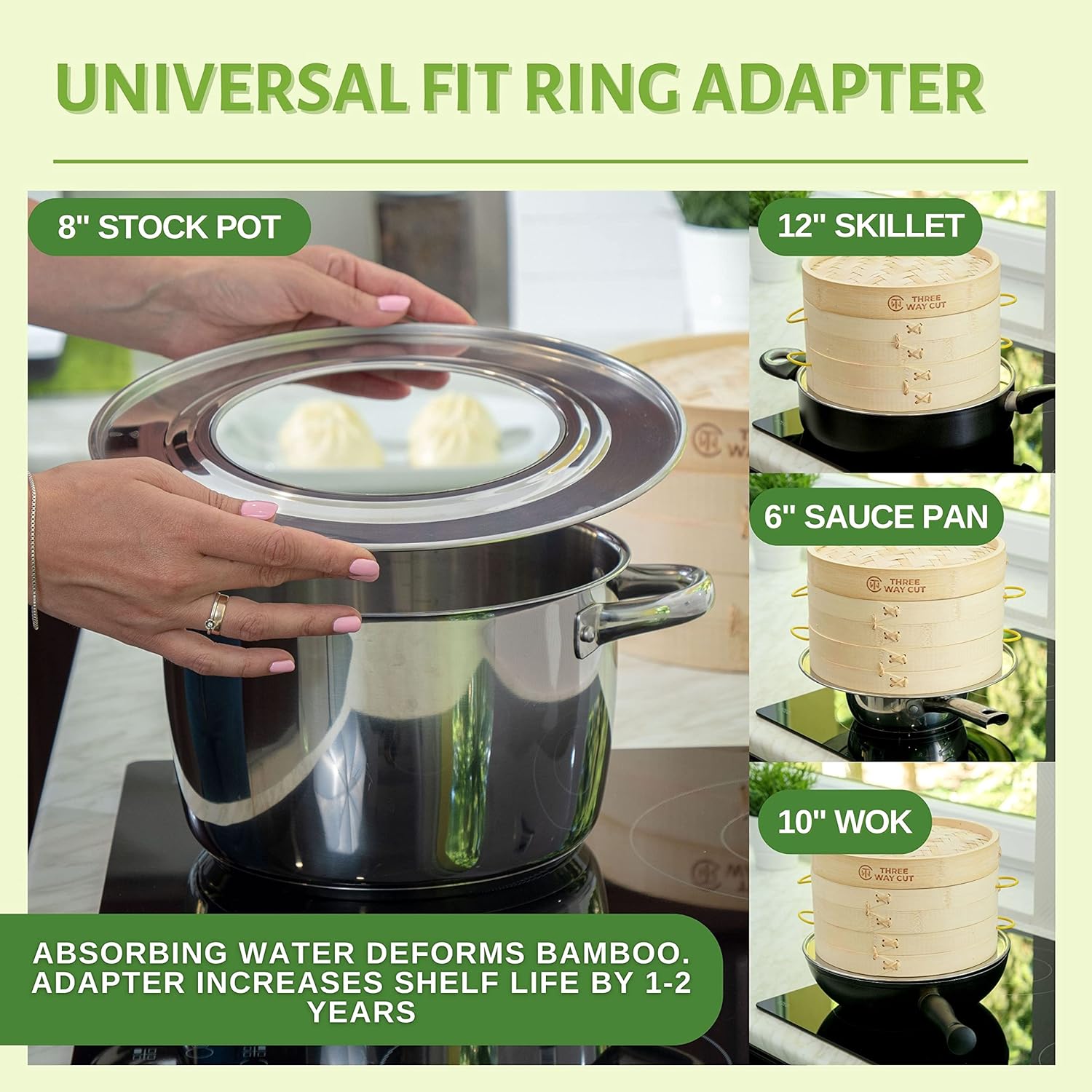 Demonstrates the versatility of the ring adapter by showing its compatibility with various cookware sizes and types. Highlights the design of the ring adapter and how it interfaces with both…