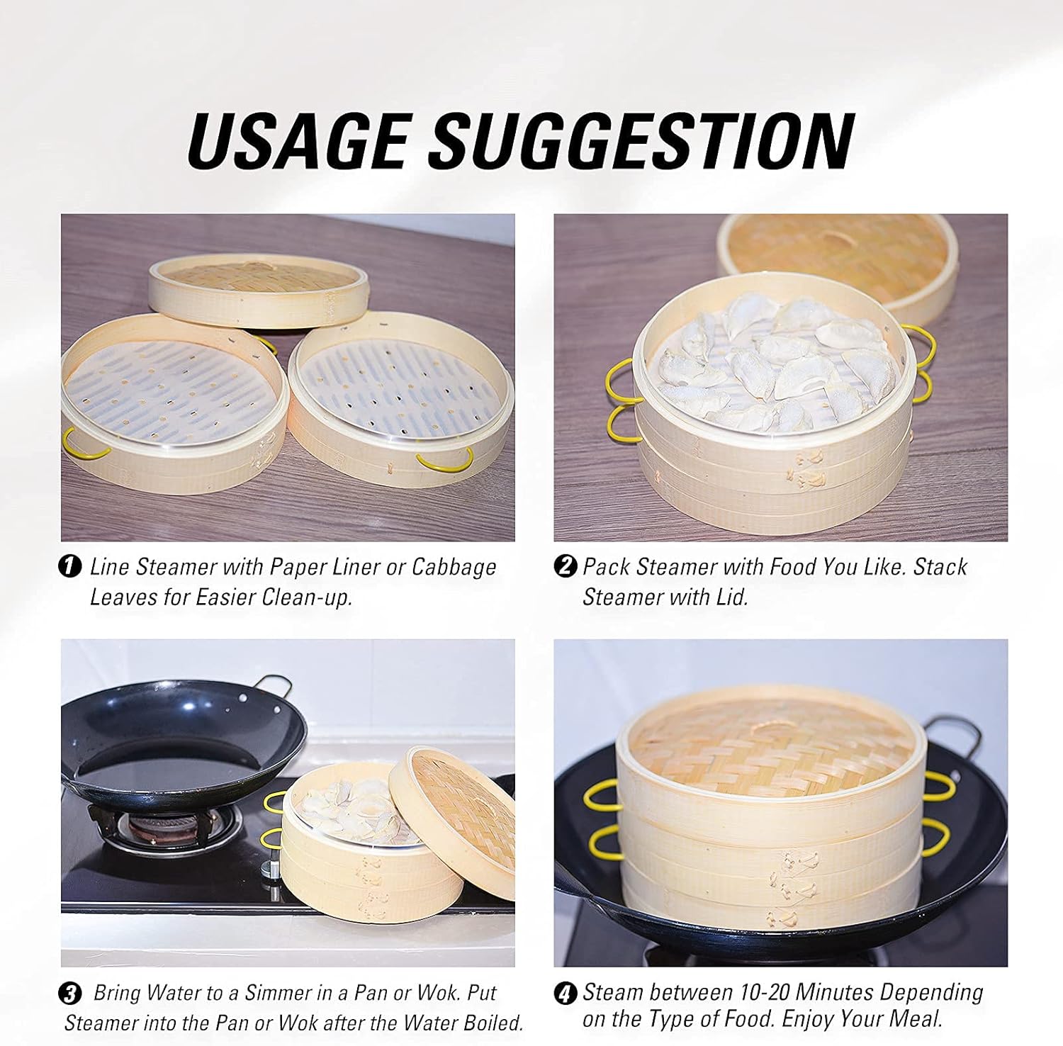 Provides step-by-step instructions on how to properly use and set up the bamboo steamer for cooking.