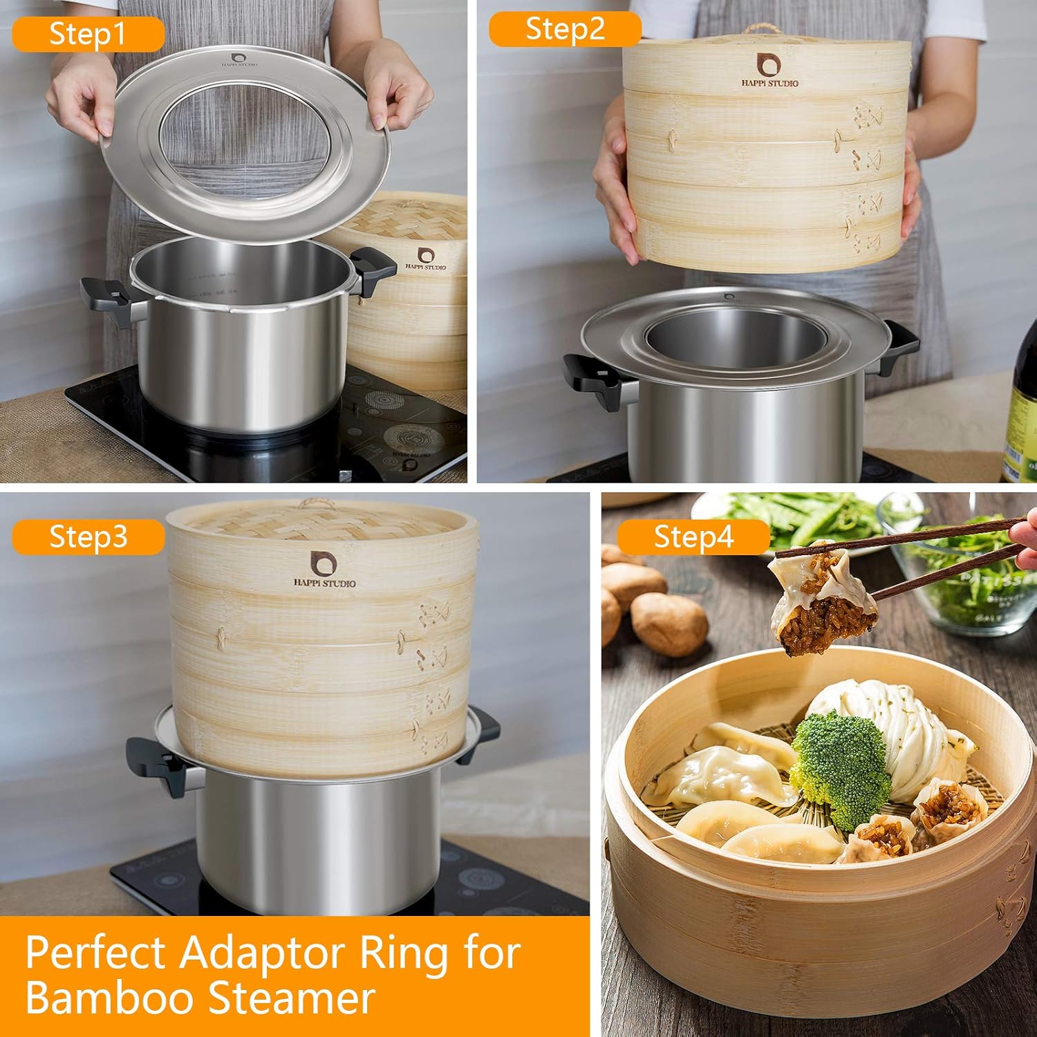 Demonstrates the step-by-step process of setting up and using a bamboo steamer with an adaptor ring, helping customers understand how to properly use the product.