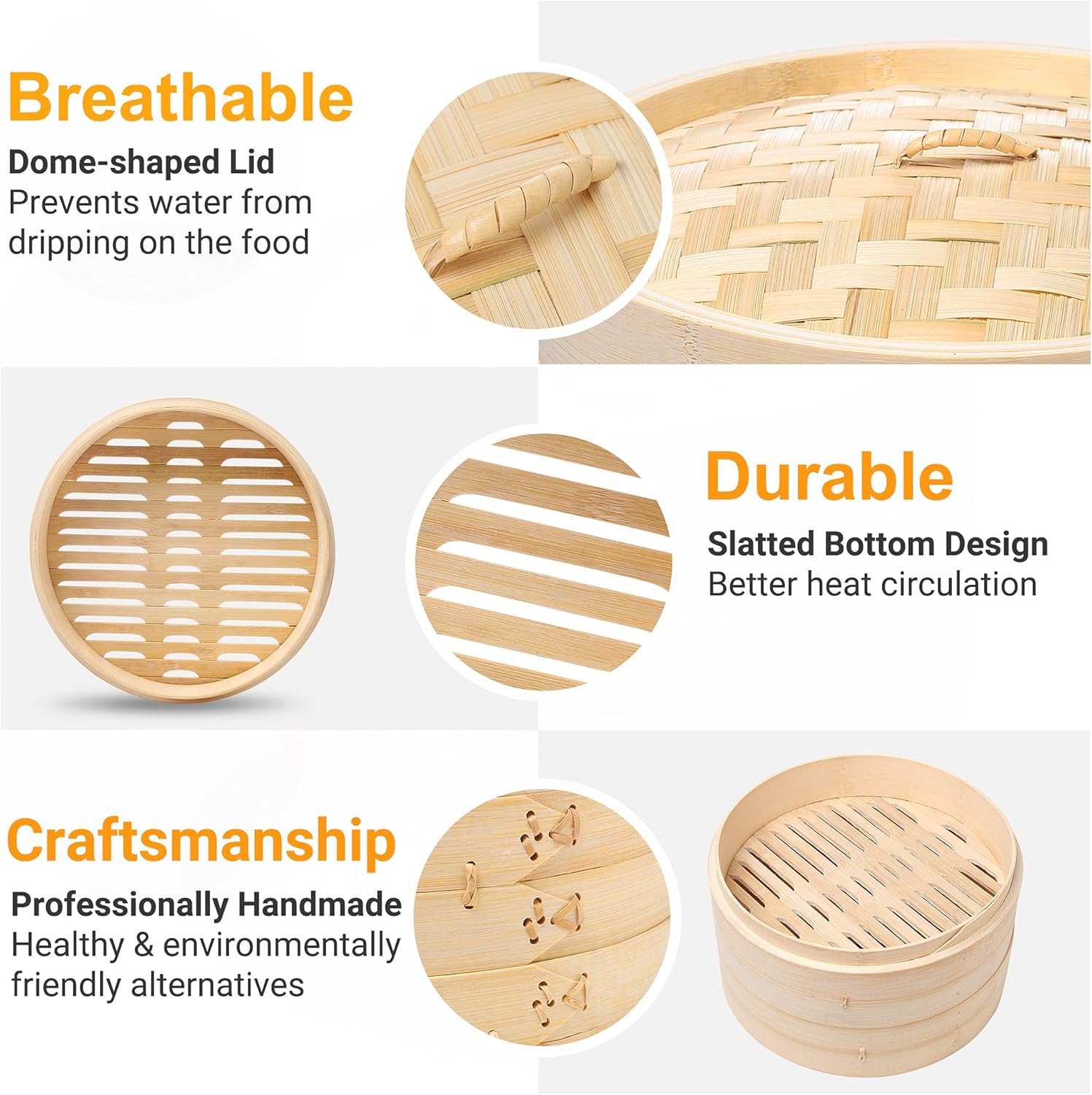 Highlights multiple key features of the bamboo steamer, emphasizing its breathable lid, durable bottom, and quality craftsmanship to showcase its overall value and functionality.