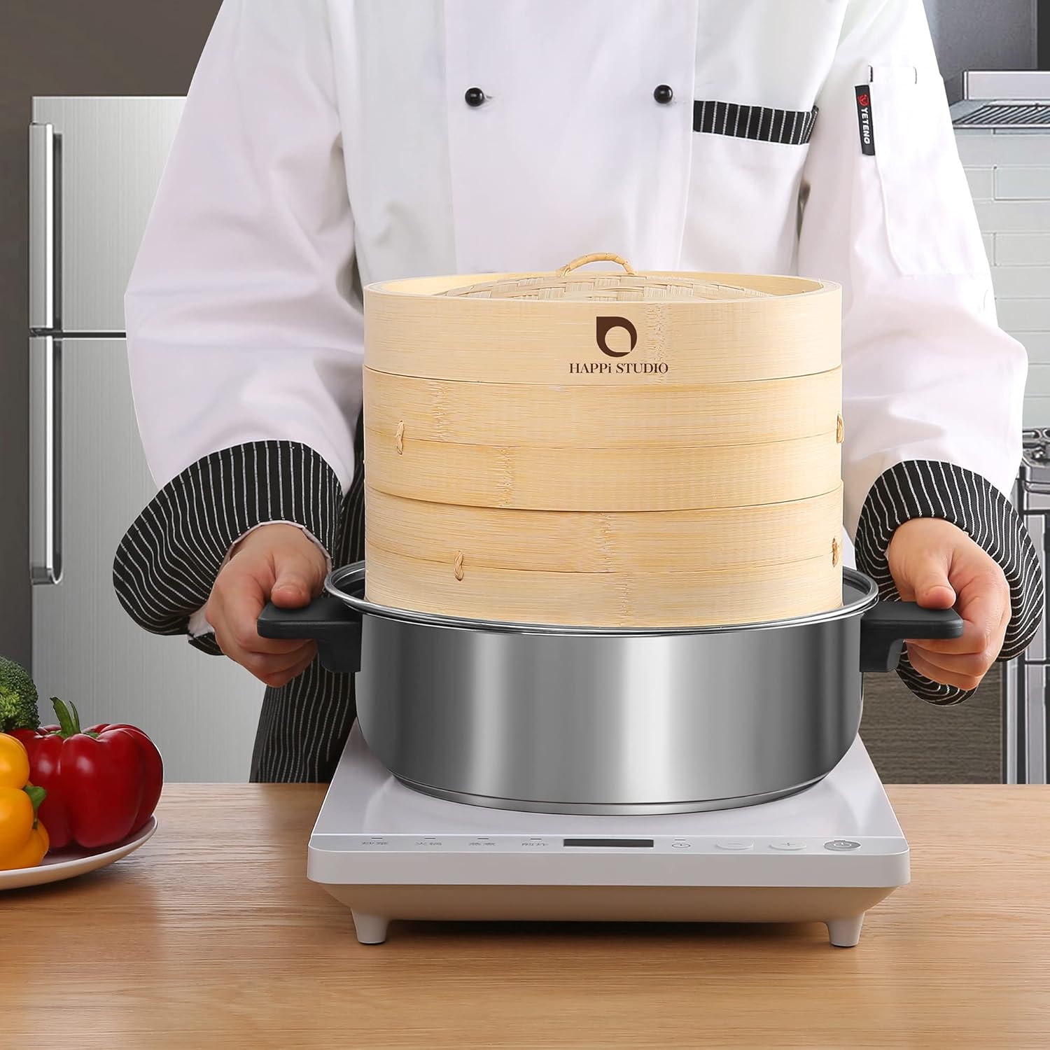 Demonstrates how to properly set up and use the silicone baking pan on a wooden kitchen counter
