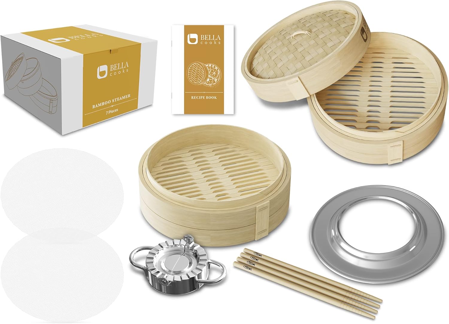 Shows all components included in the bamboo steamer set, reassuring customers of the value and completeness of the product.