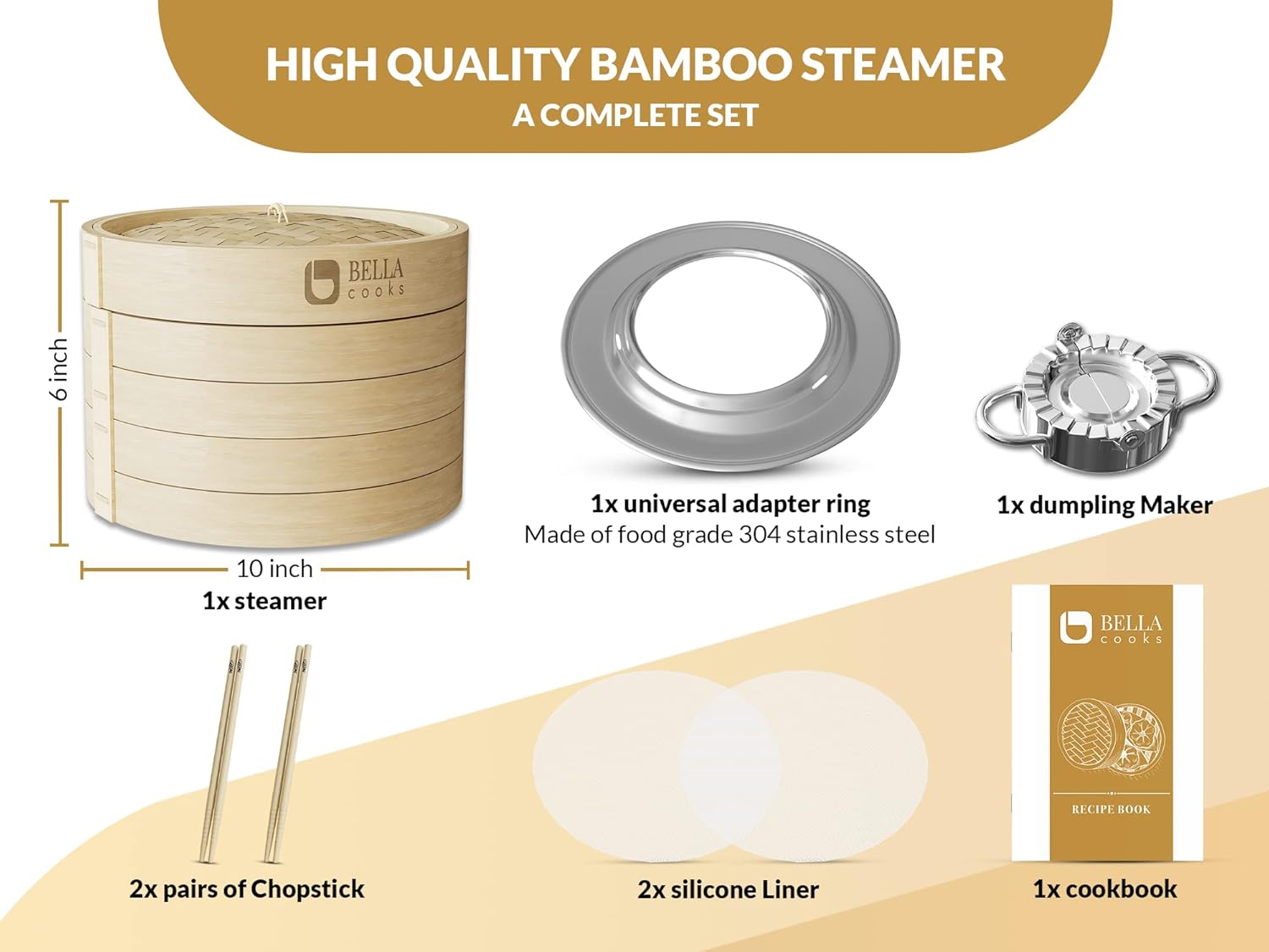 Shows all components included in the bamboo steamer set, highlighting the value and completeness of the product.