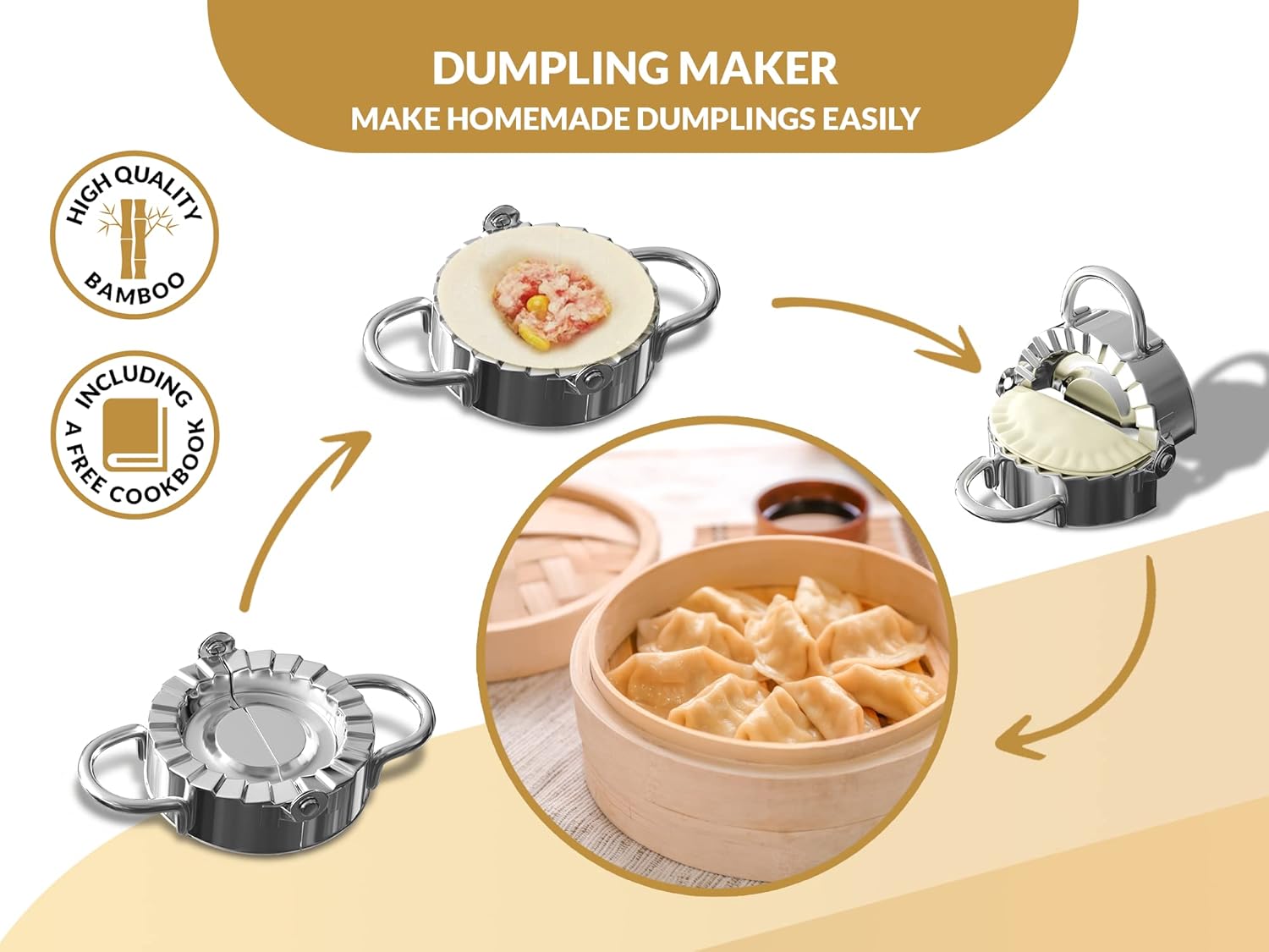 Demonstrates the simple process of making homemade dumplings using the product, encouraging customers to try it themselves. Highlights additional value by showcasing the bamboo quality and includedโฆ
