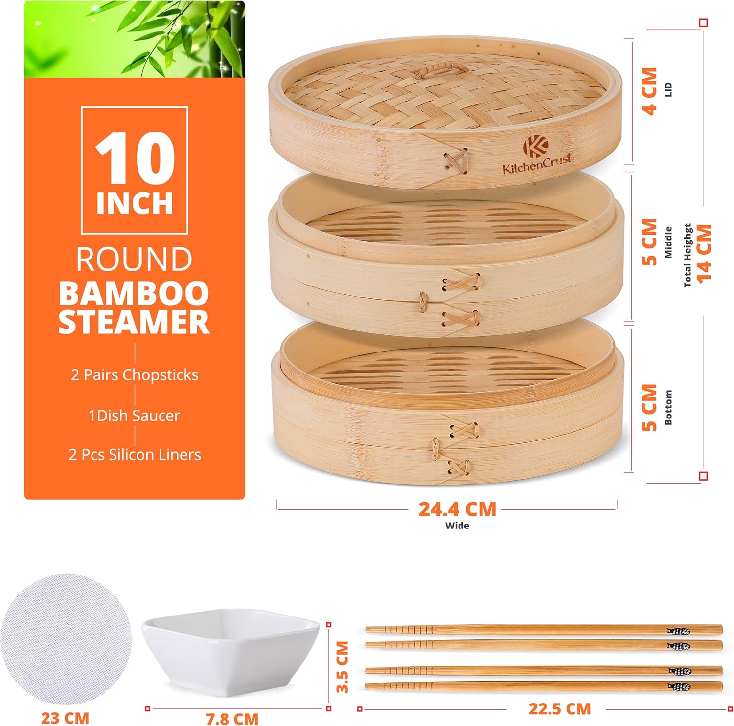 Provides exact measurements of the bamboo steamer to help shoppers understand its size and capacity. Shows all items included in the bamboo steamer set, including chopsticks, dish saucer, and…