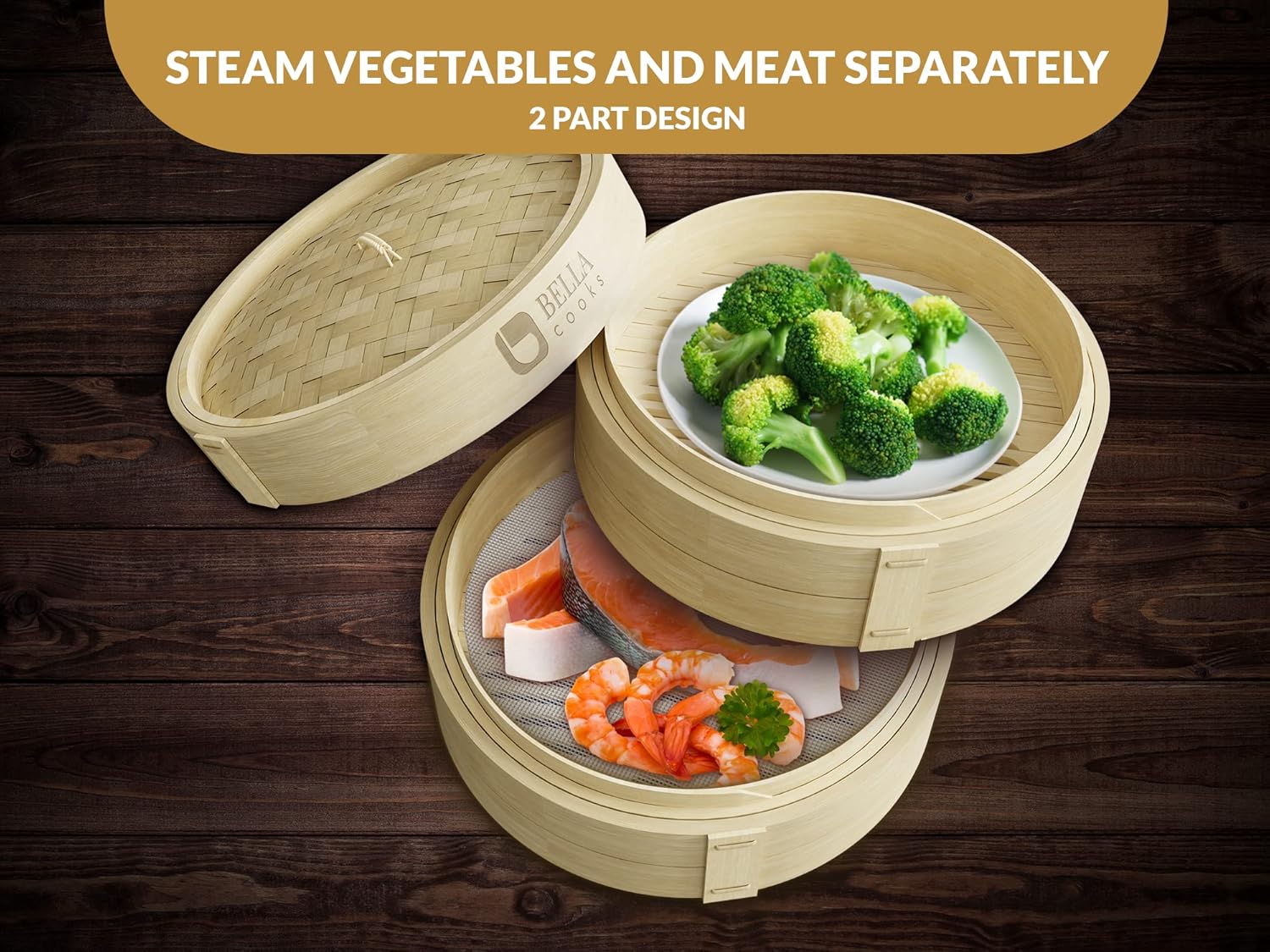Highlights the product's ability to steam vegetables and meat separately, emphasizing its versatility and convenience for cooking multiple items at once.