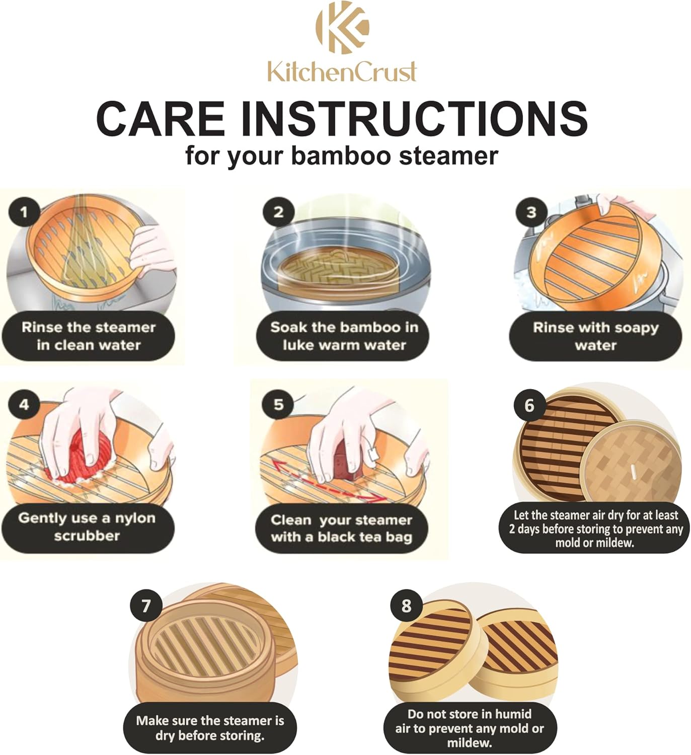 Provides step-by-step instructions on how to properly clean and maintain a bamboo steamer to ensure its longevity and prevent mold or mildew.