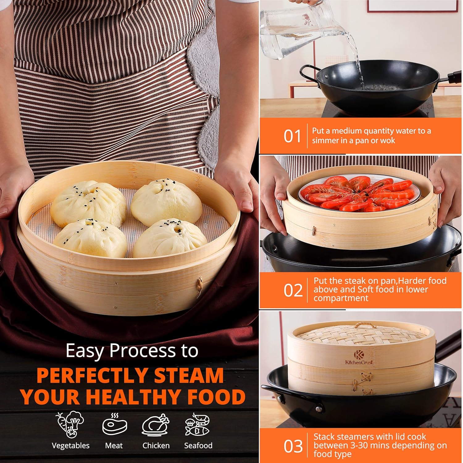 Provides step-by-step instructions on how to use the bamboo steamer for cooking various foods.