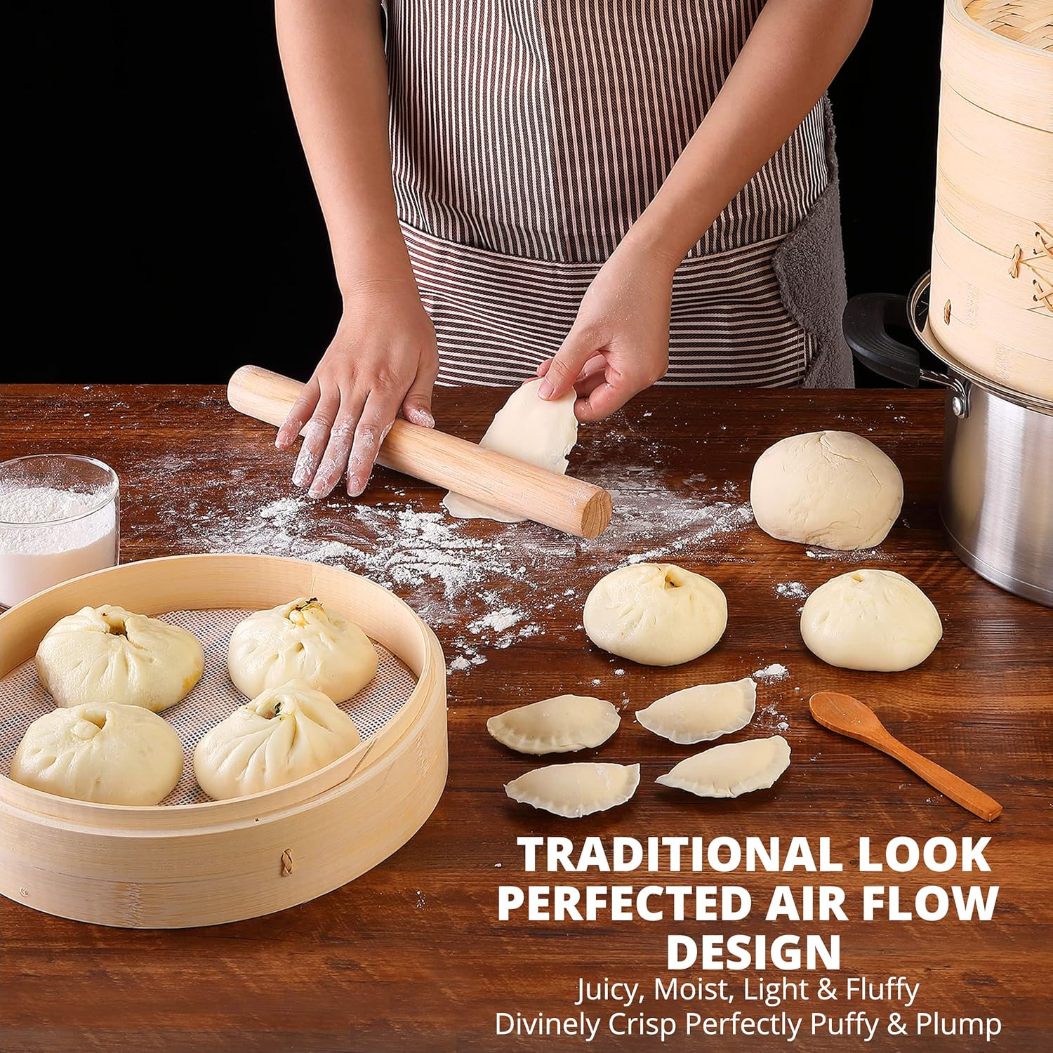 Demonstrates the process of making dumplings, showing the traditional preparation method to appeal to cooking enthusiasts. Highlights the product's perfected air flow design, emphasizing the…