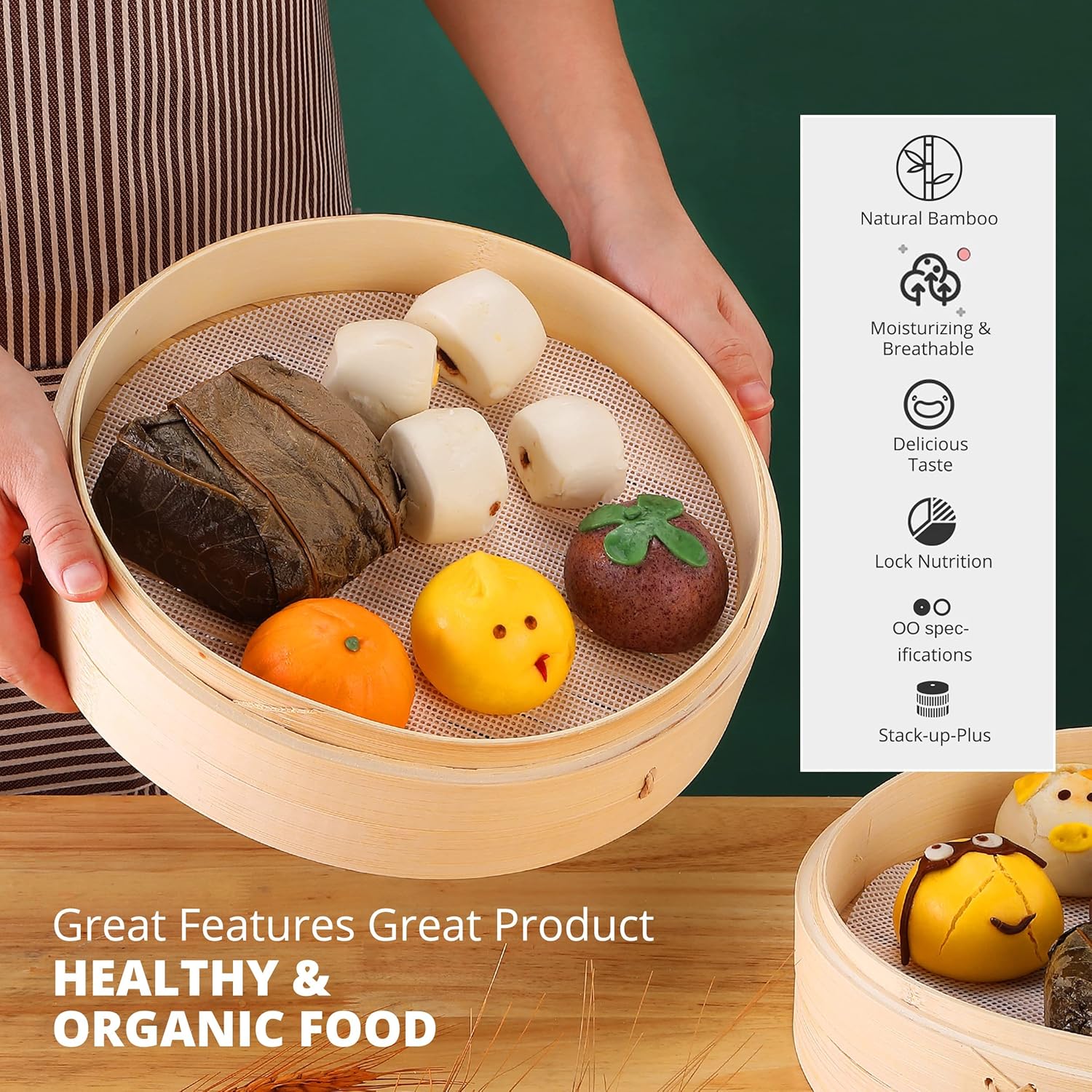 Highlights multiple features and benefits of the bamboo steamer, emphasizing its natural material, food quality preservation, and versatility.