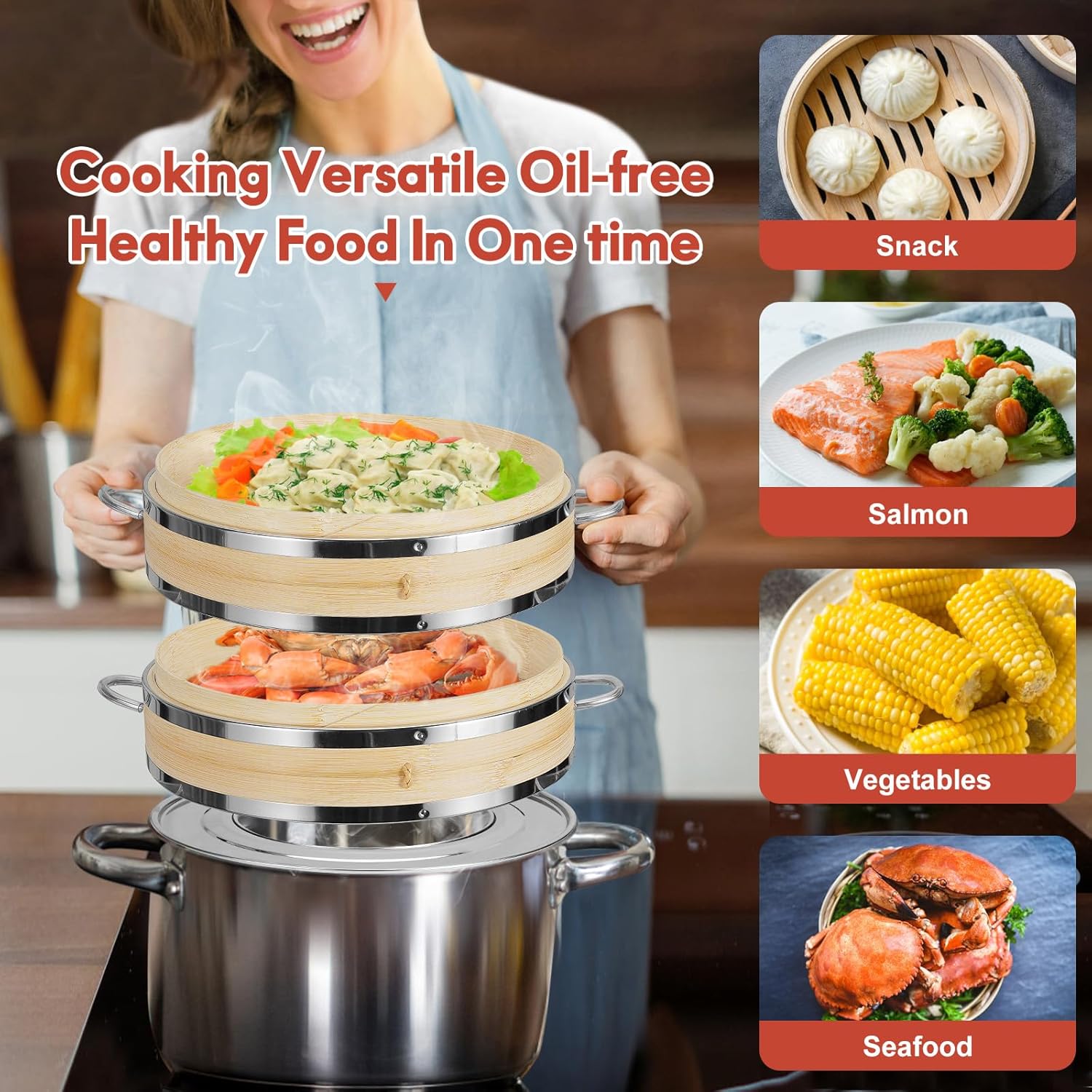 Demonstrates the product's ability to cook multiple healthy dishes simultaneously, emphasizing its versatility for oil-free cooking. Shows how to use the product to prepare a complete meal by…