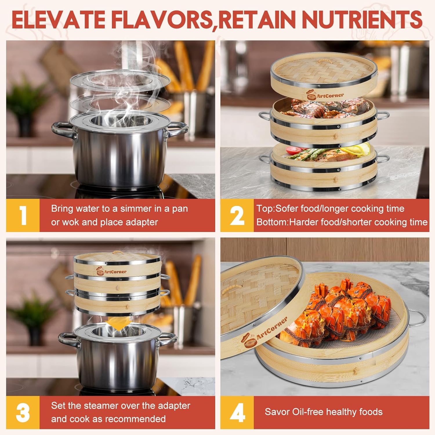 Demonstrates the step-by-step process of using the bamboo steamer, highlighting its benefits for healthy cooking. Emphasizes the product's ability to elevate flavors and retain nutrients through…