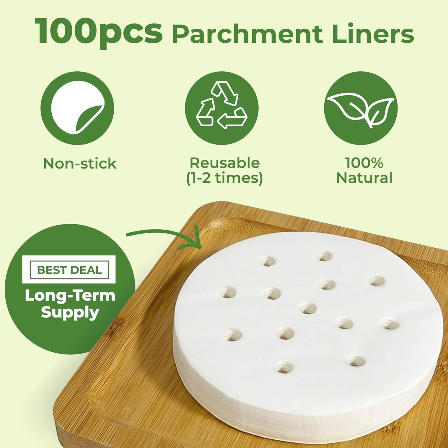 Highlights multiple eco-friendly and practical benefits of the parchment liners to appeal to environmentally conscious consumers.