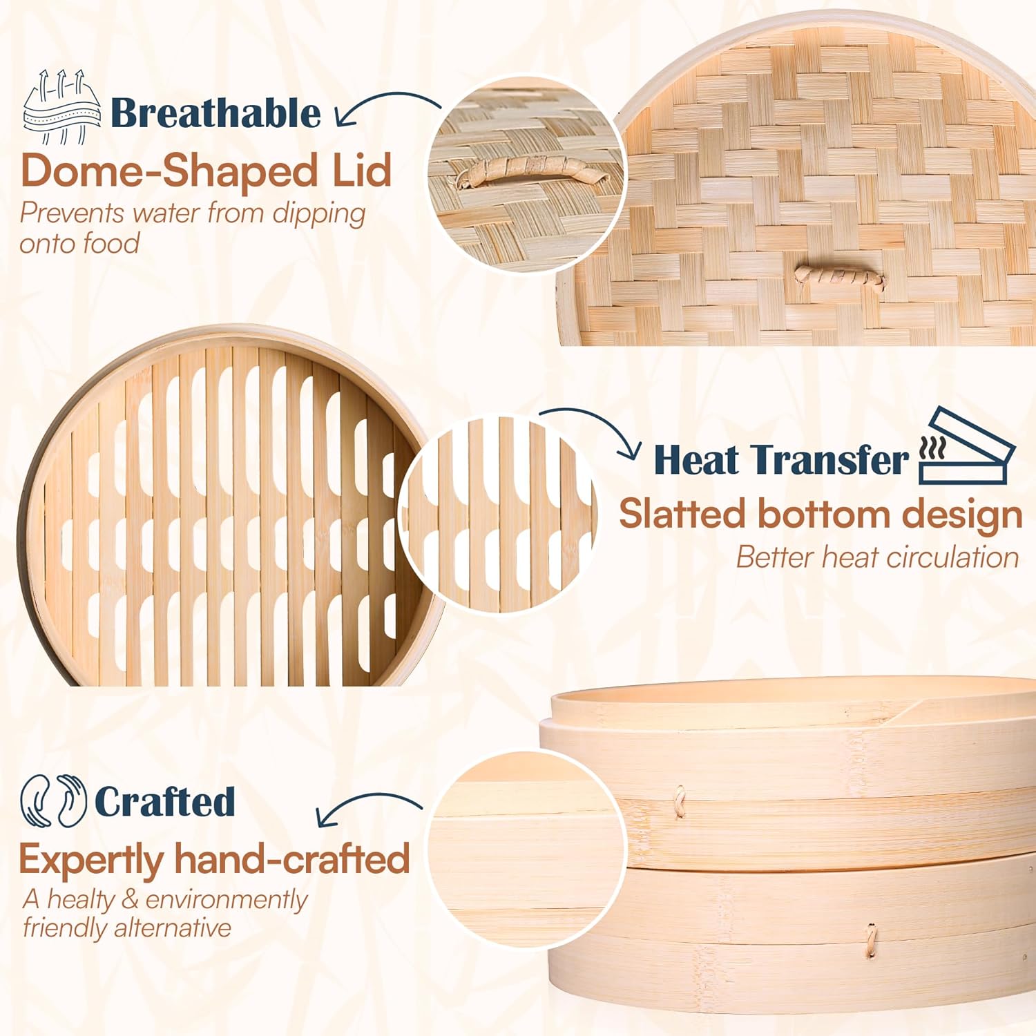 Highlights multiple features of the bamboo steamer, emphasizing its functional design and quality craftsmanship.
