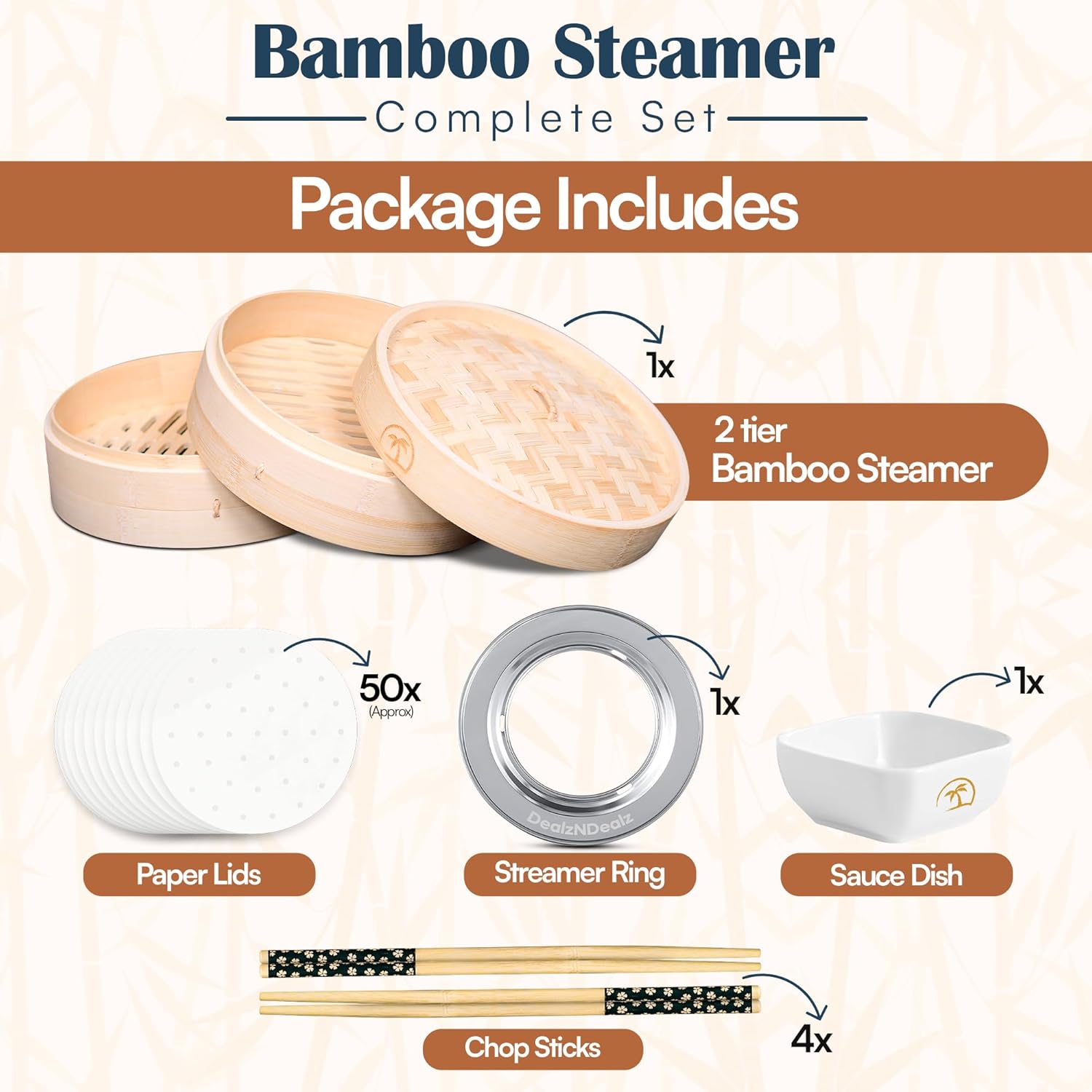 Shows all items included in the bamboo steamer package, reassuring customers they're getting a comprehensive set for steaming.