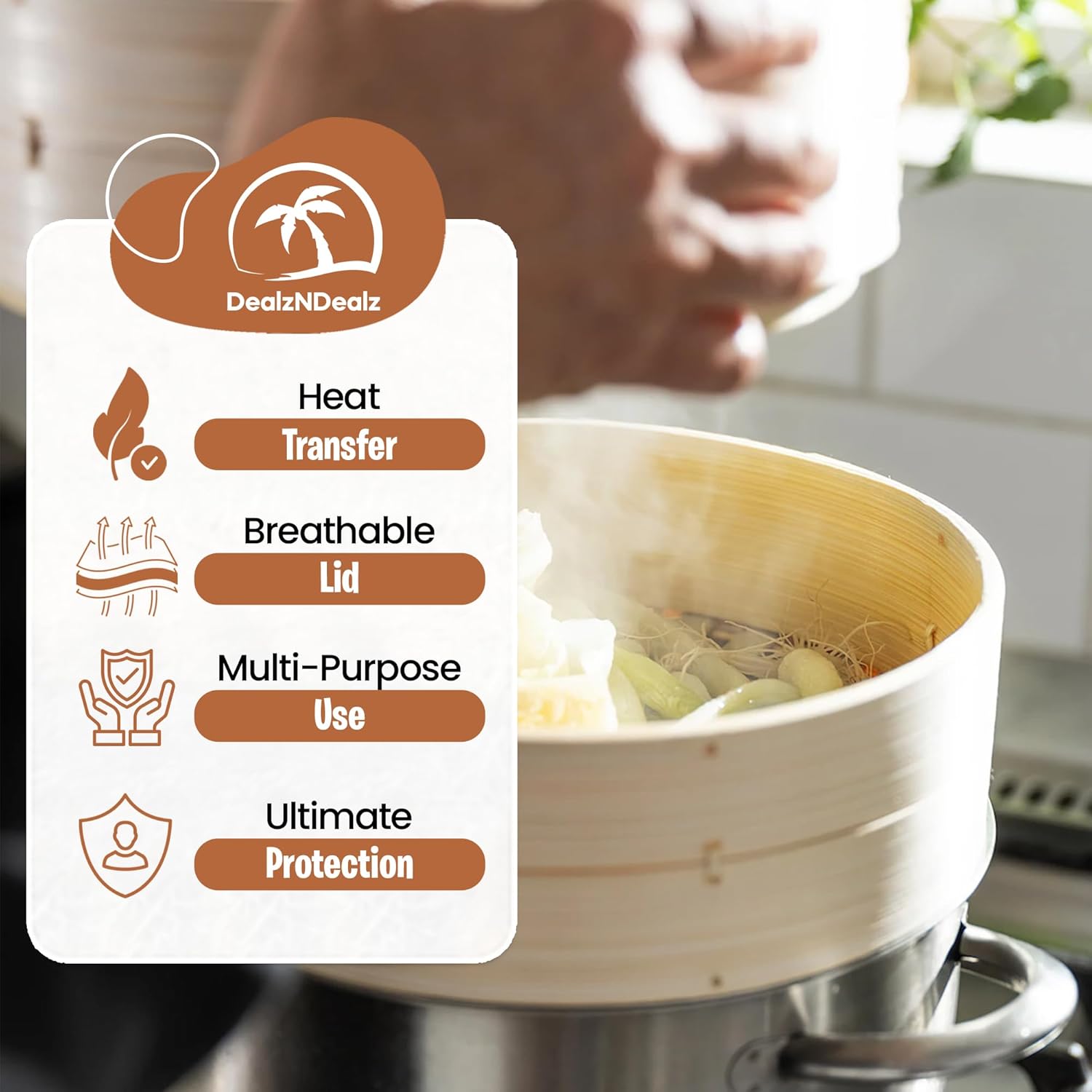 Highlights multiple key features of the product to demonstrate its versatility and effectiveness for cooking and food preparation.