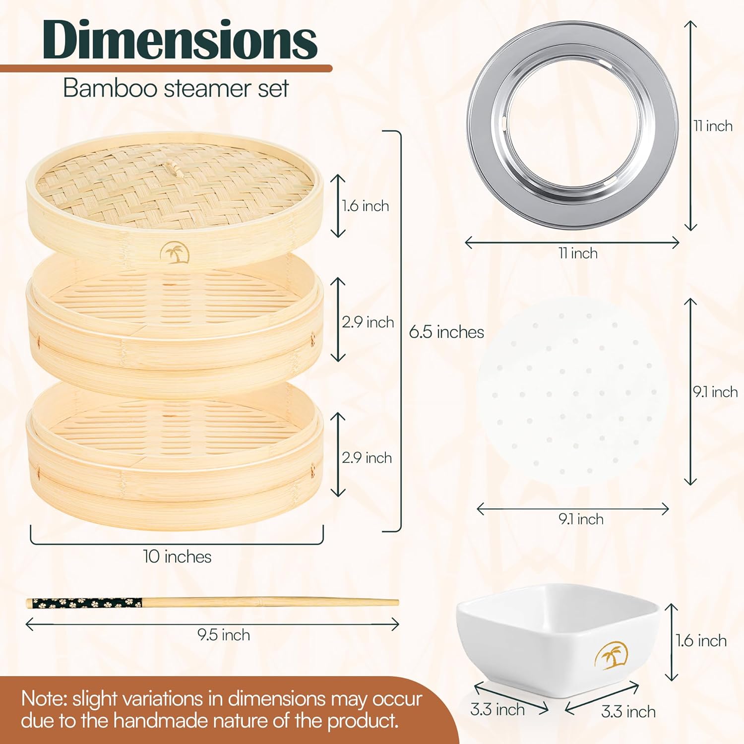 Provides detailed measurements of each component in the bamboo steamer set to help shoppers understand the exact size and capacity of the product.