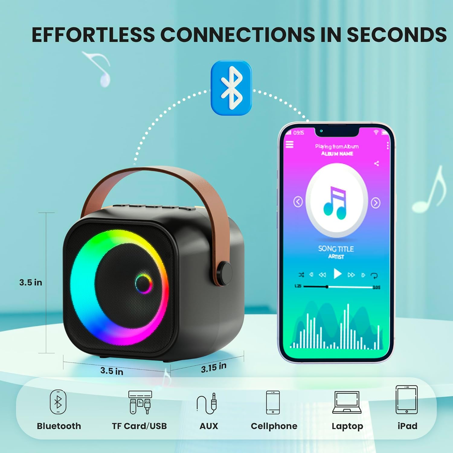 Showcases the product's easy Bluetooth pairing and multiple connectivity options, while emphasizing its portable size.