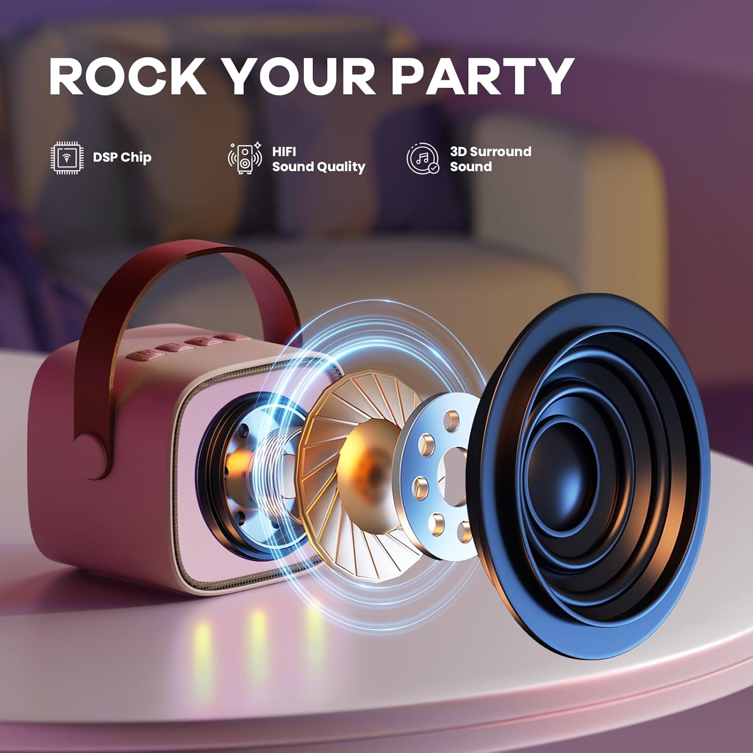 Highlights multiple audio features to showcase the speaker's high-quality sound capabilities for parties and gatherings.