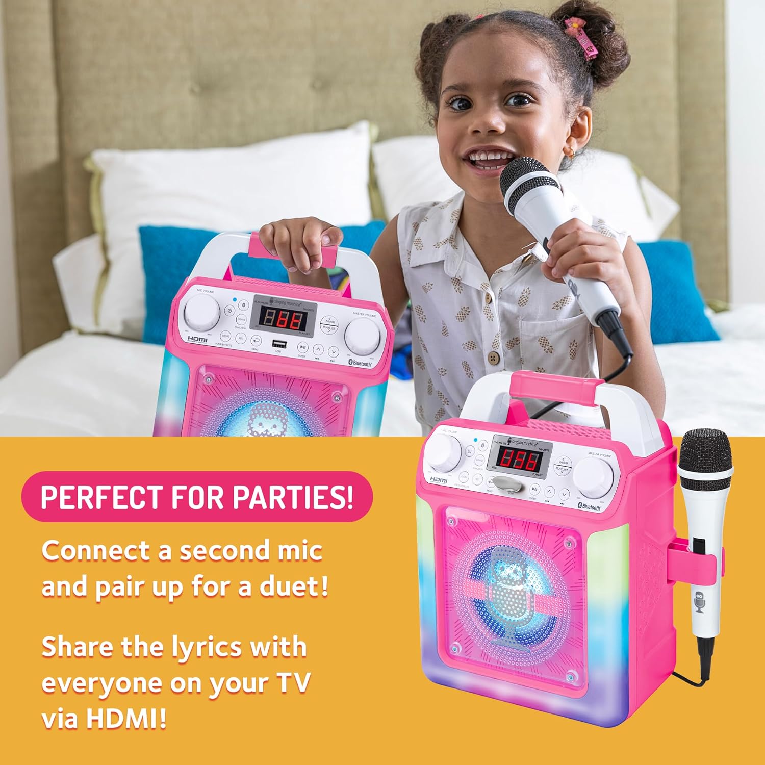 Demonstrates how the product can be used for parties and group entertainment, highlighting its duet and TV connectivity features. Shows a child happily using the karaoke machine, conveying it's fun…