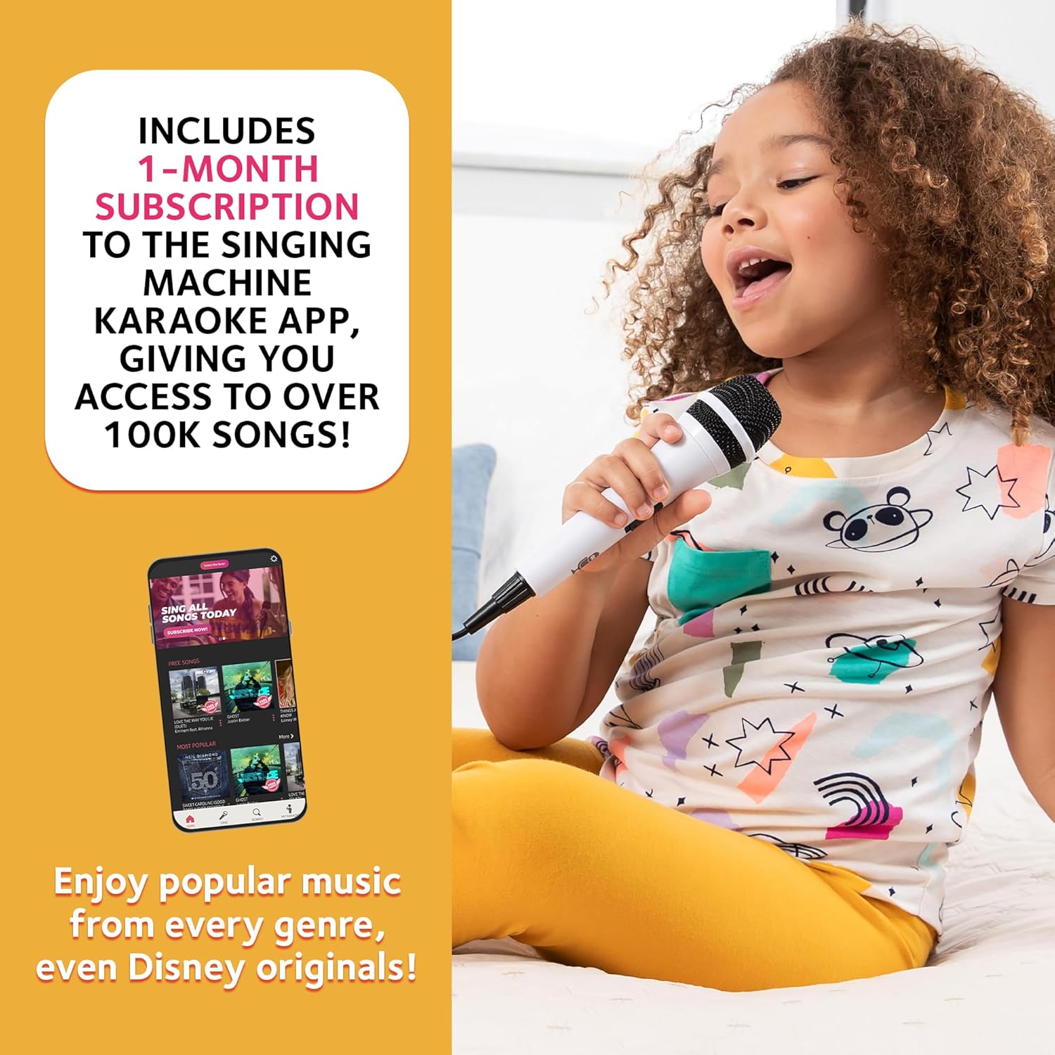 Highlights the added value of a free 1-month subscription to a karaoke app with over 100K songs, enhancing the product's appeal. Shows the product being used by a child for singing, demonstrating…