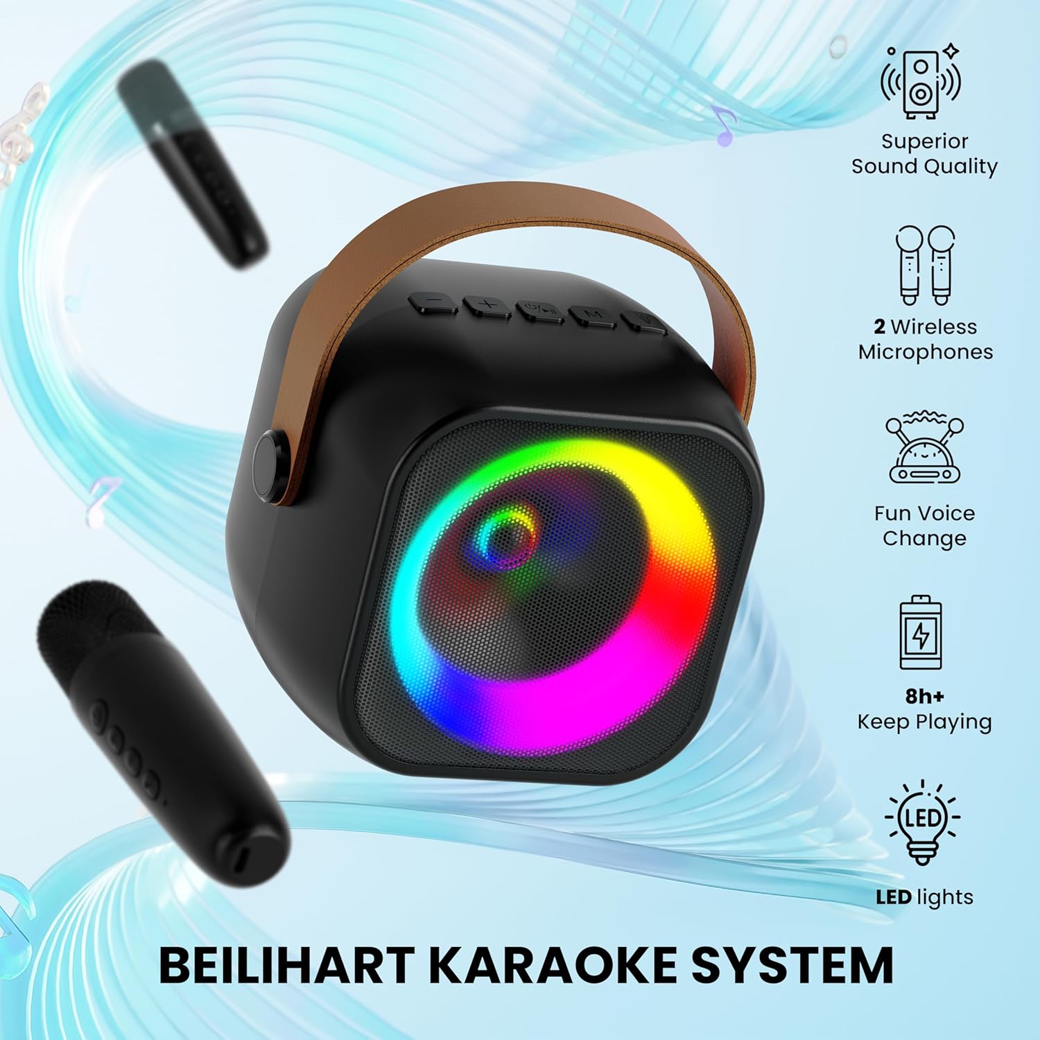Highlights multiple features of the karaoke system to showcase its versatility and appeal to potential buyers.