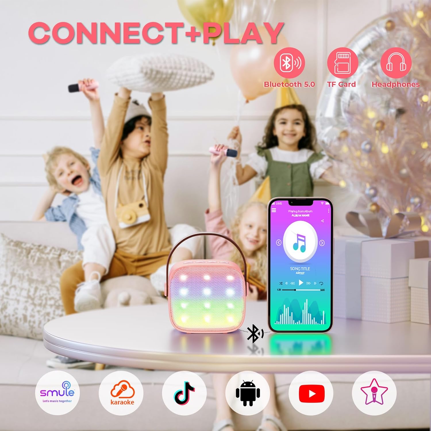 Showcases multiple connectivity and entertainment features of the portable speaker, emphasizing its versatility for kids and families.
