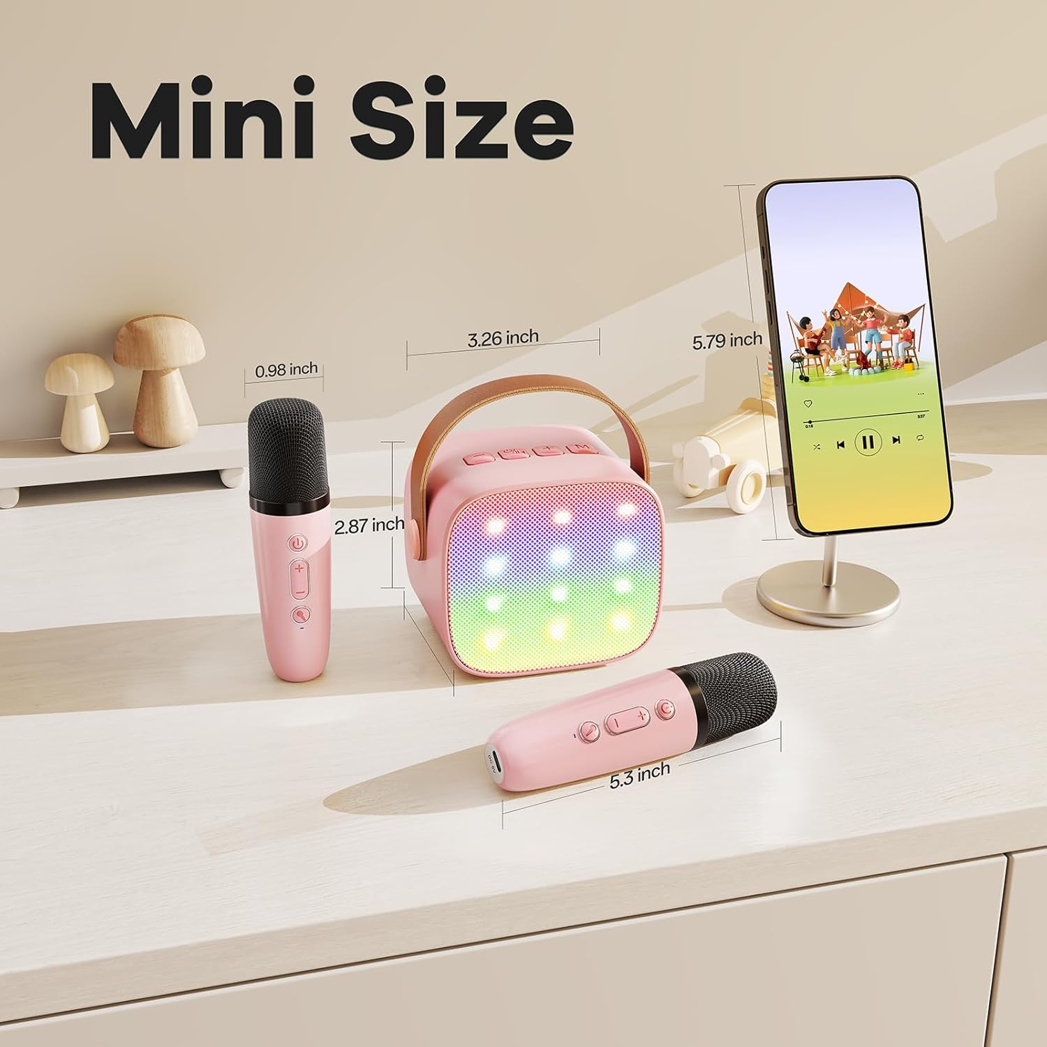 Demonstrates the small, portable size of the product components by providing precise measurements for each item.