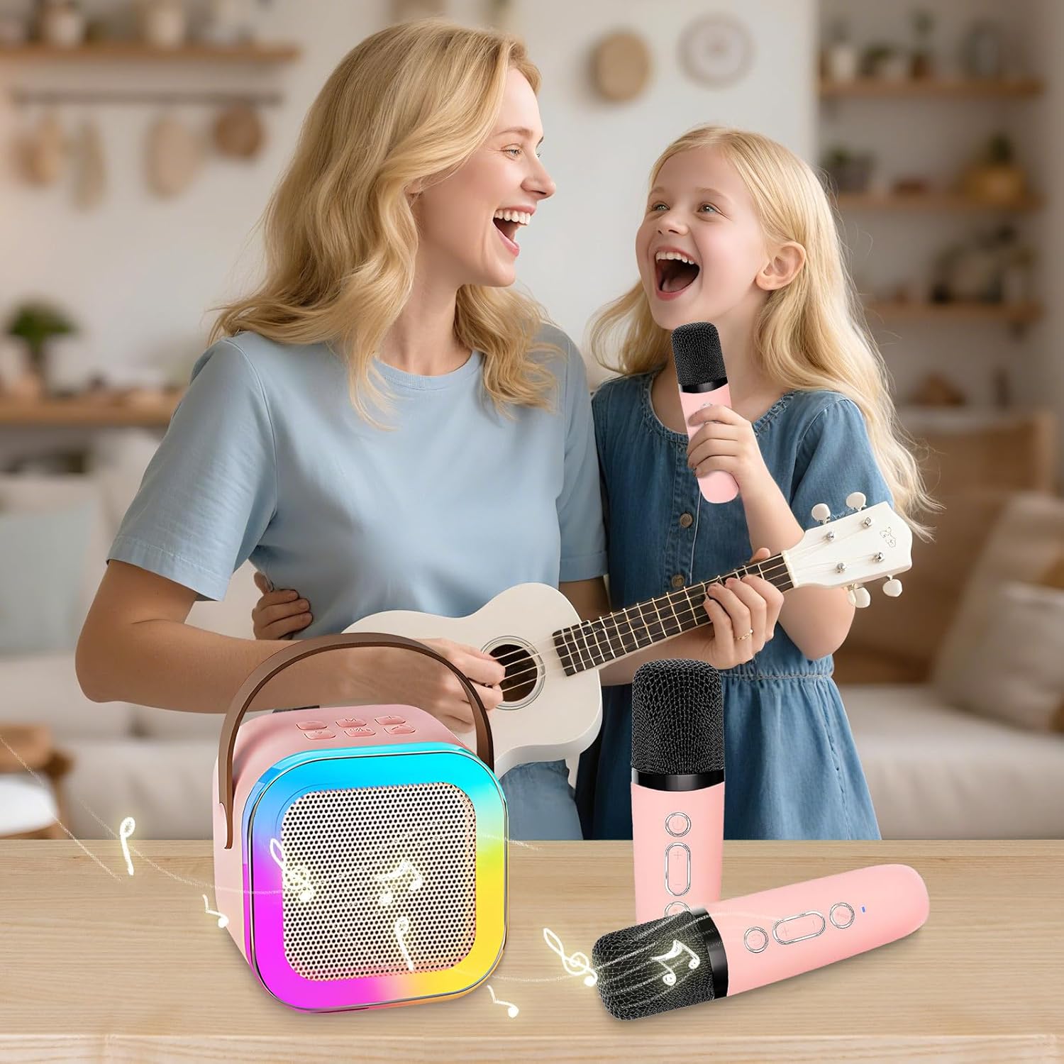 Demonstrates how the product can be used for family bonding and entertainment through music and singing activities. Shows the product being enjoyed in a real-world home setting, emphasizing its role…