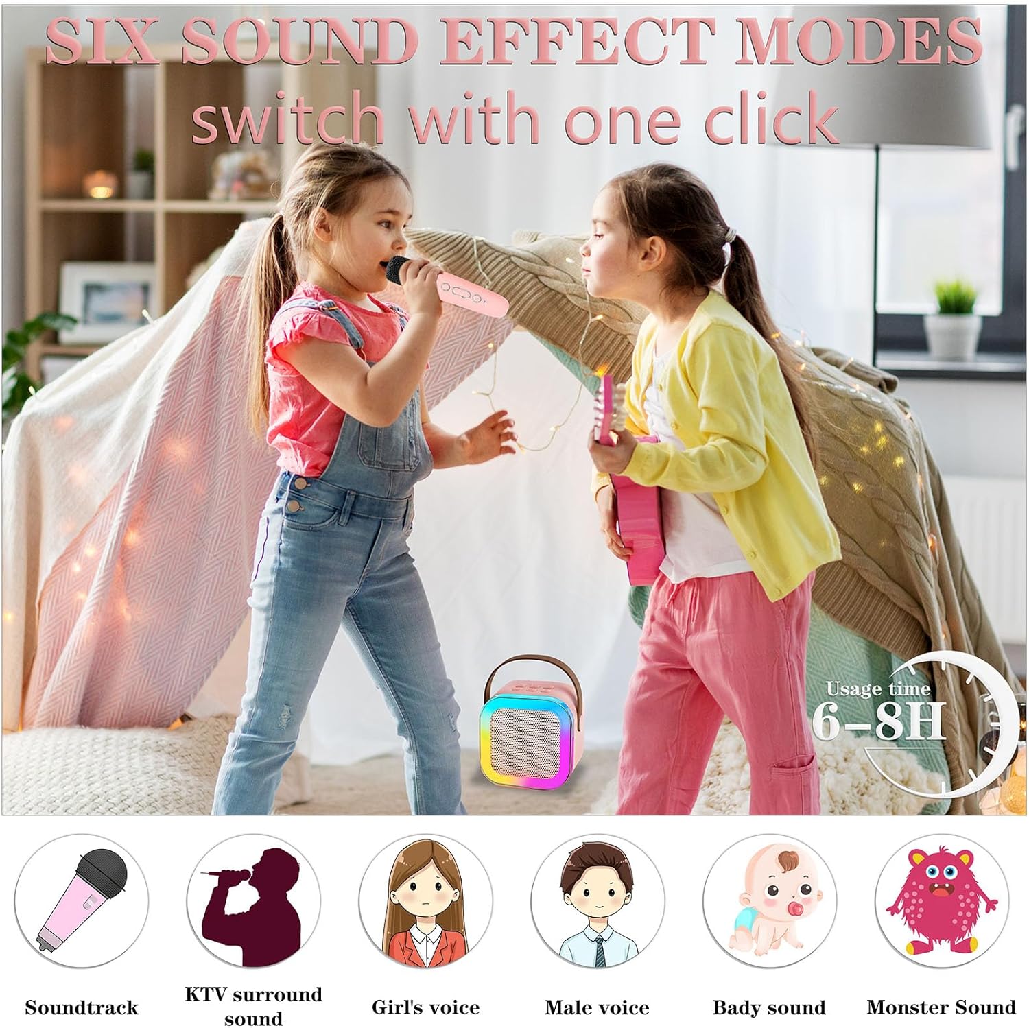 Highlights multiple features of the product including various sound effect modes, long battery life, and portable design to showcase its versatility for children's entertainment.