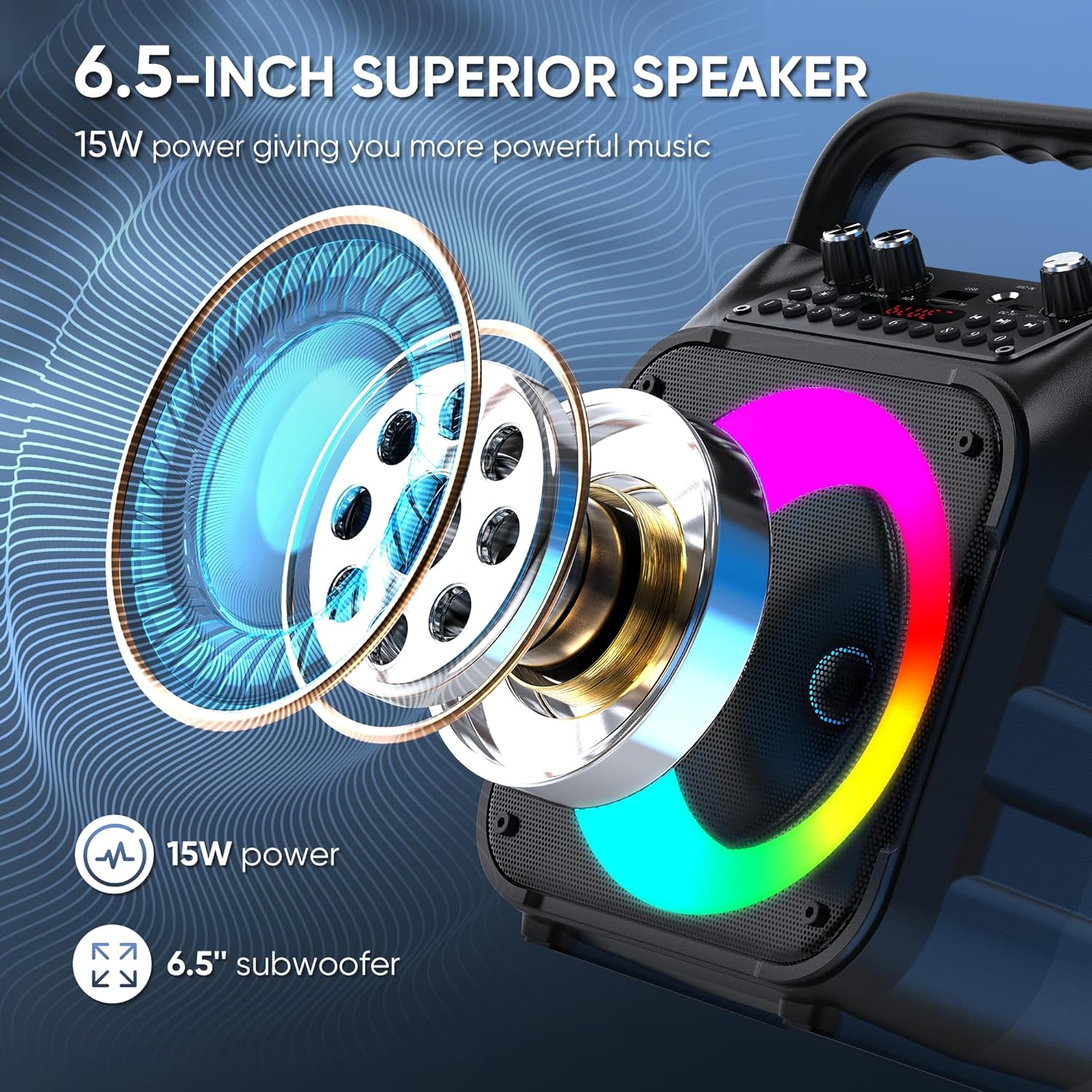 Highlights the powerful 6.5-inch speaker with 15W output to emphasize superior audio quality and performance.