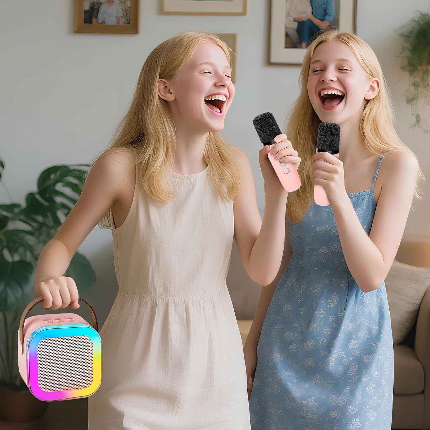 Demonstrates the product's use for fun karaoke sessions, appealing to families and friends looking for interactive entertainment. Shows the product being enjoyed in a home setting, emphasizing its…