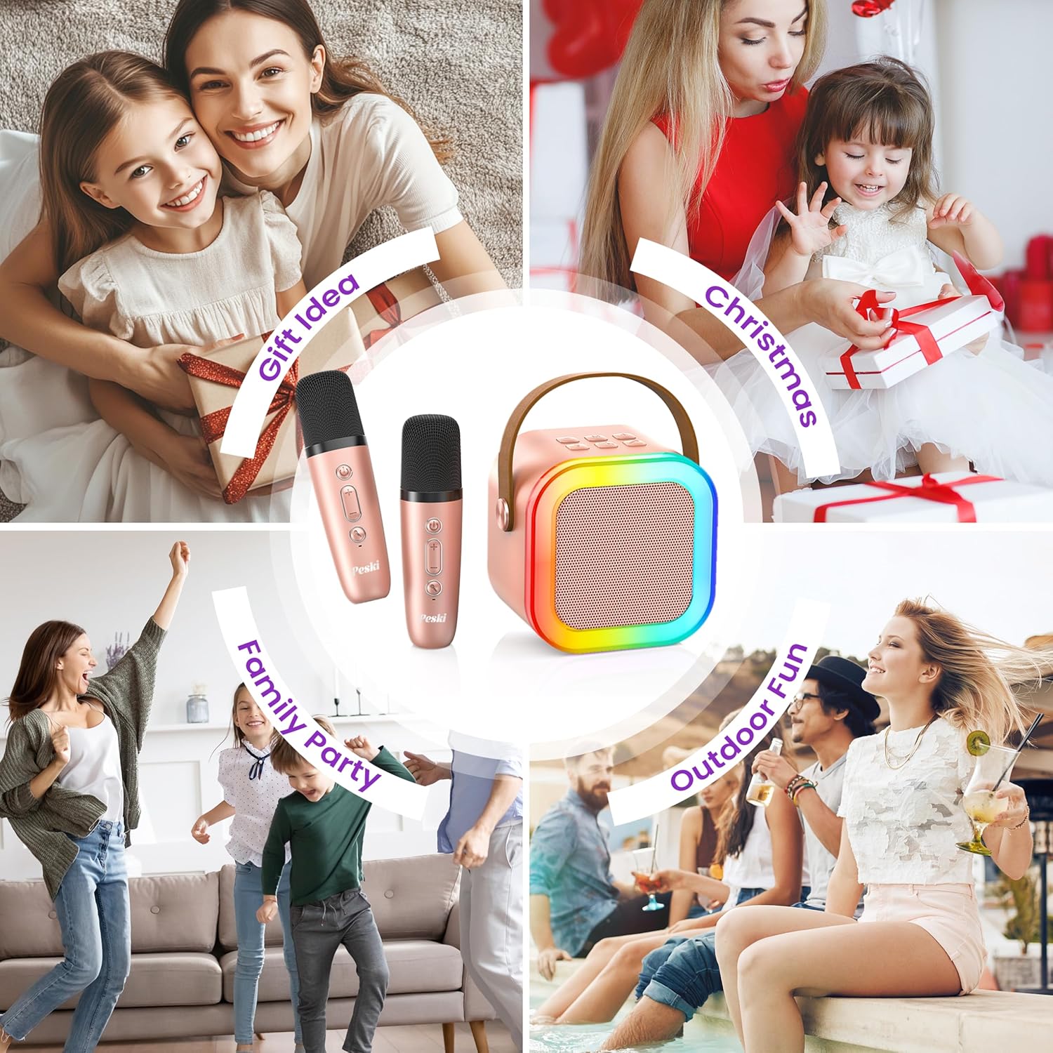 Demonstrates various scenarios where the karaoke speaker and microphones can be used, highlighting its versatility for different occasions and settings.