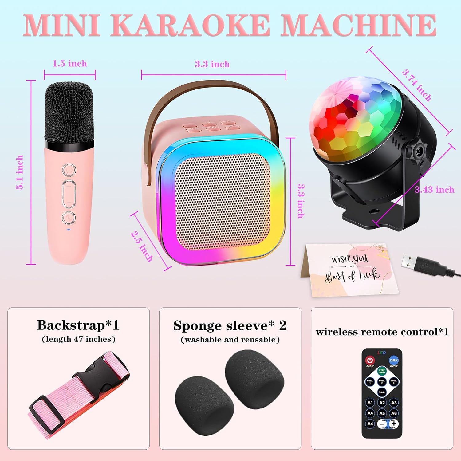 Shows all the components included in the mini karaoke machine set, highlighting the variety of accessories and features available. Provides exact dimensions of each component to emphasize the…