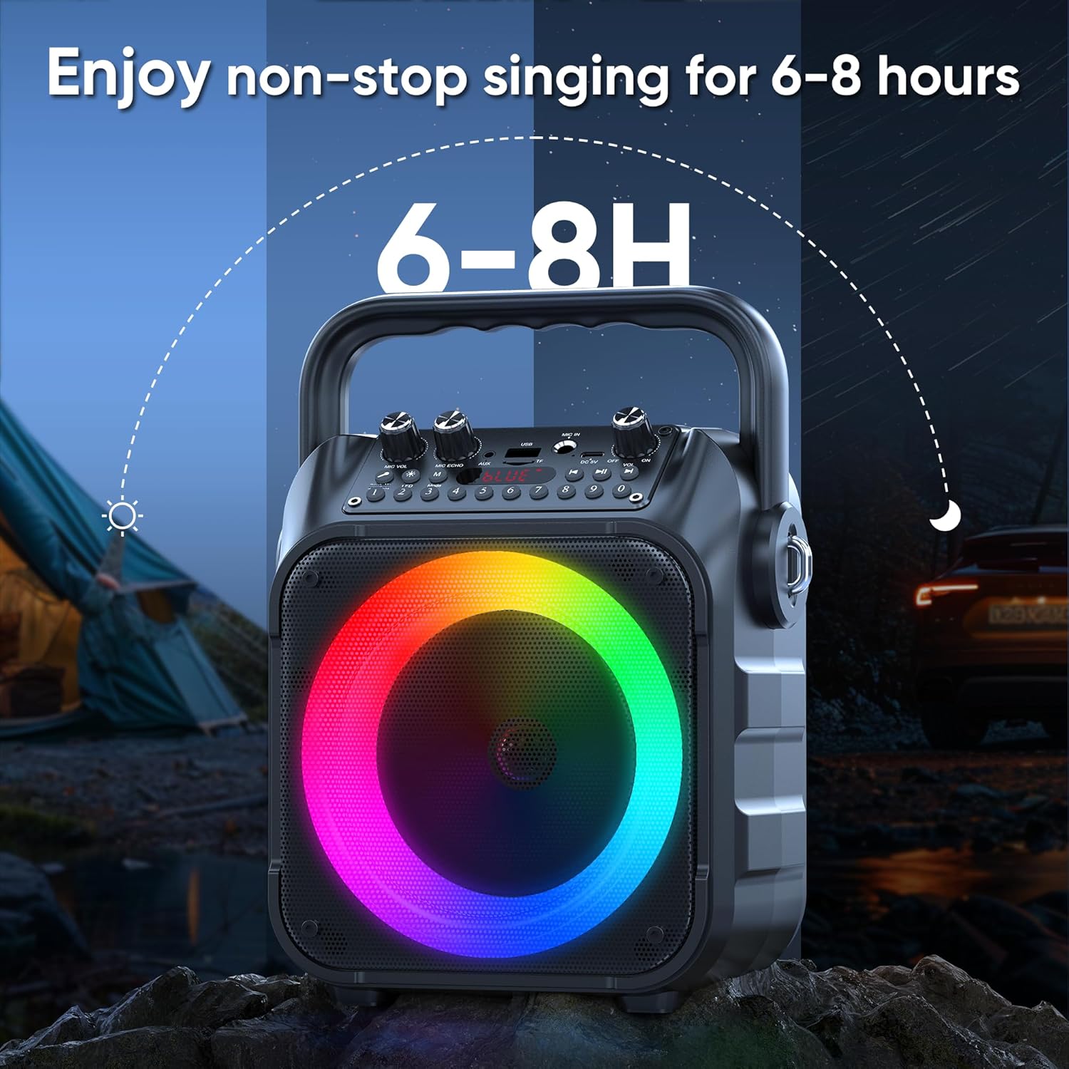 Highlights the product's extended battery life of 6-8 hours for continuous singing, emphasizing its suitability for long events or outdoor use.