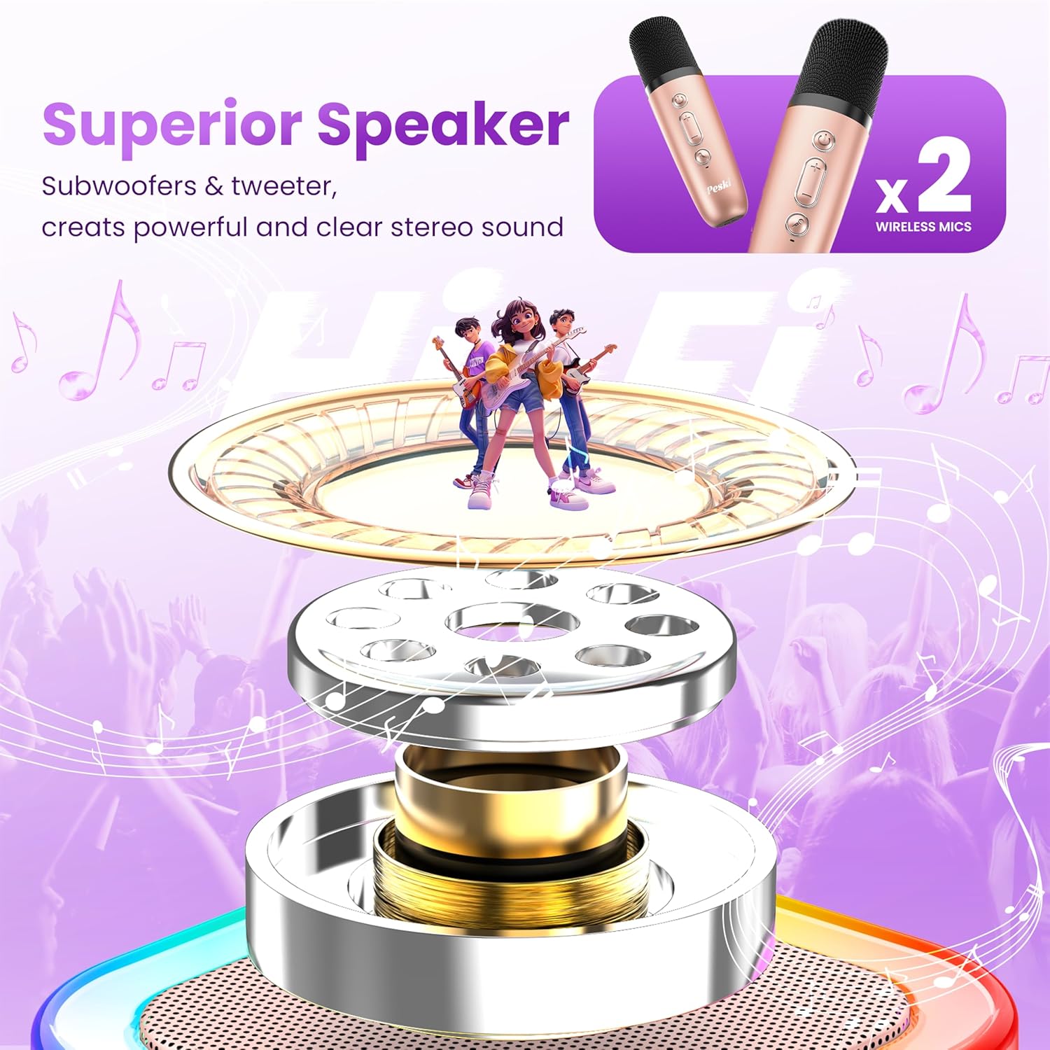 Highlights the product's powerful stereo sound capabilities and inclusion of two wireless microphones for enhanced audio experience.