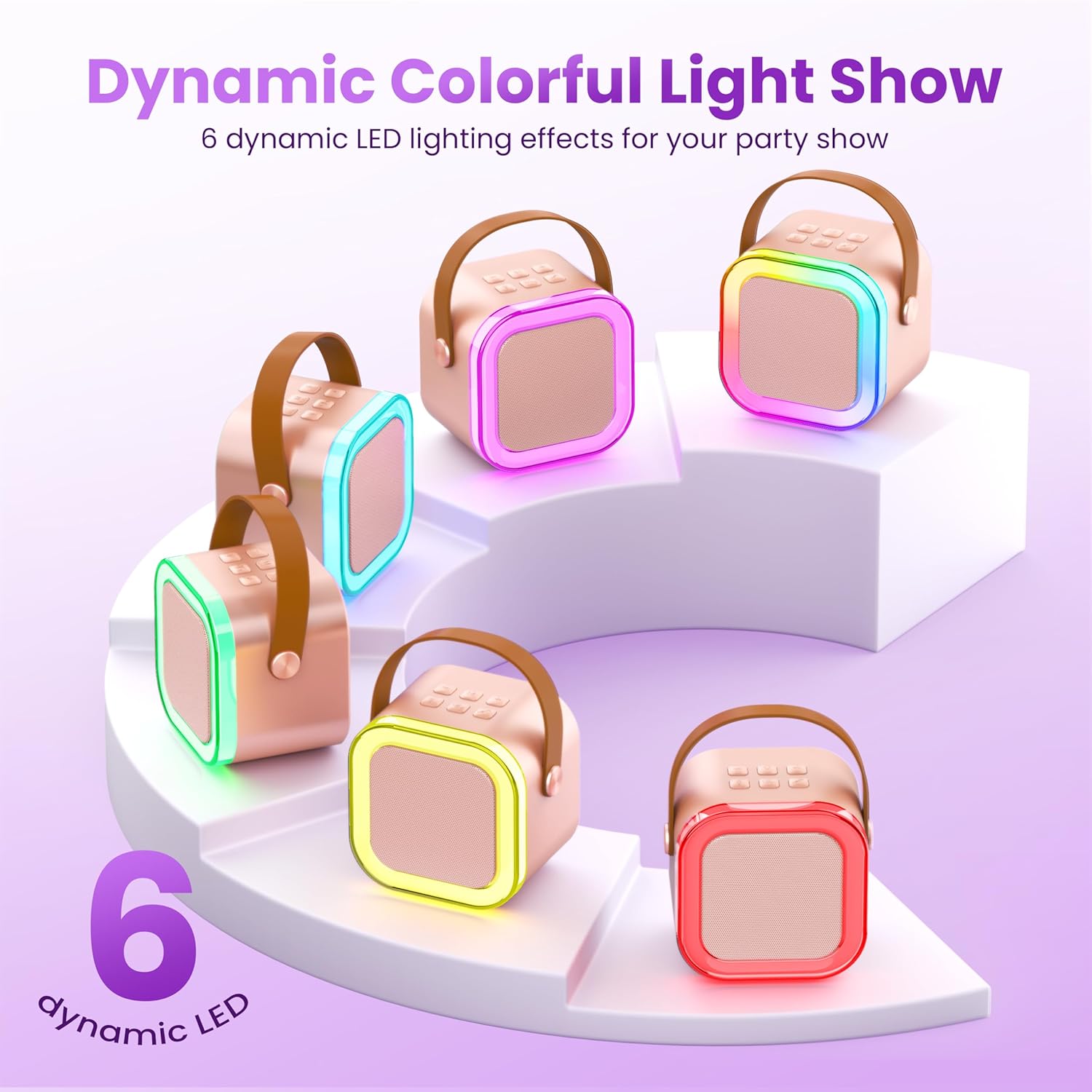 Showcases the product's colorful LED lighting effects and portable form factor for party use.