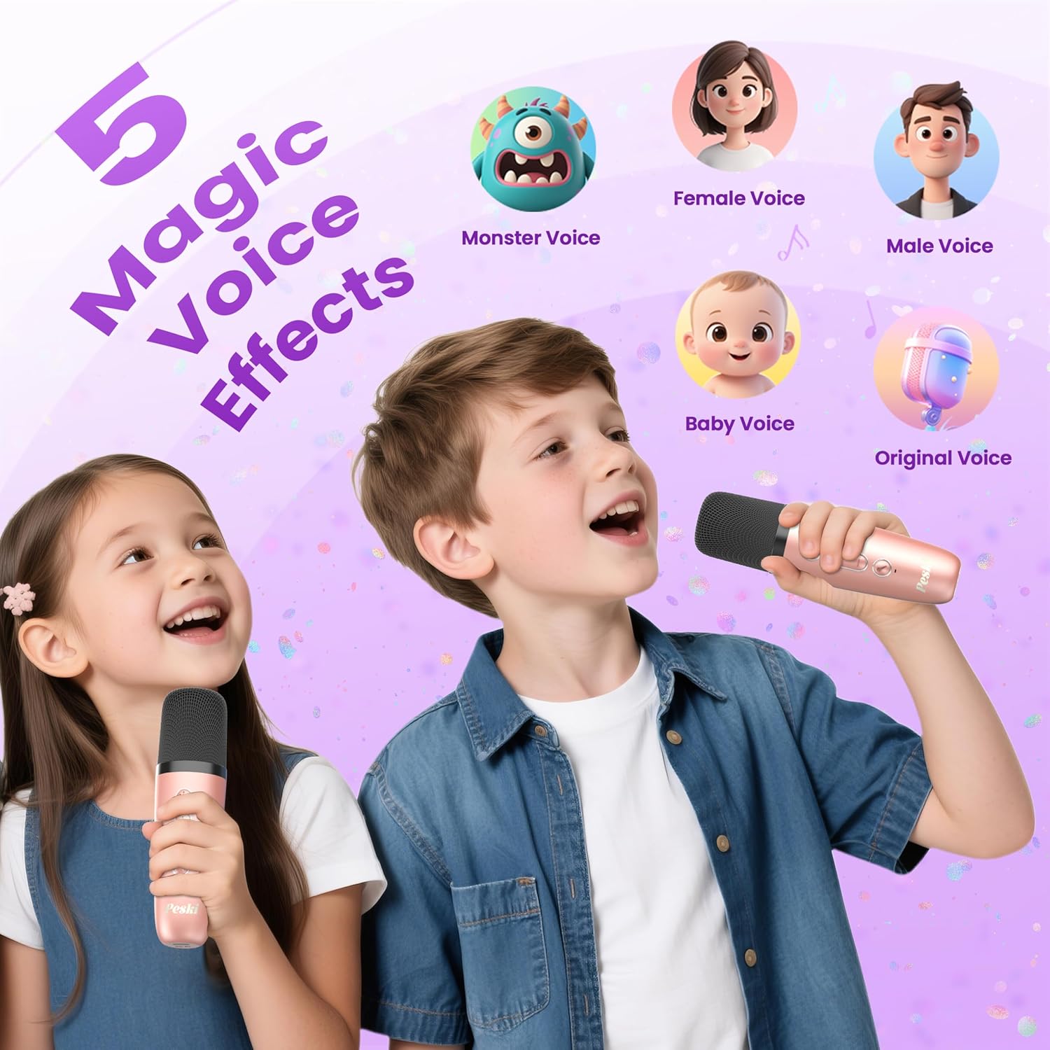 Showcases the product's multiple voice effect options and its appeal to children, highlighting its fun and interactive nature.