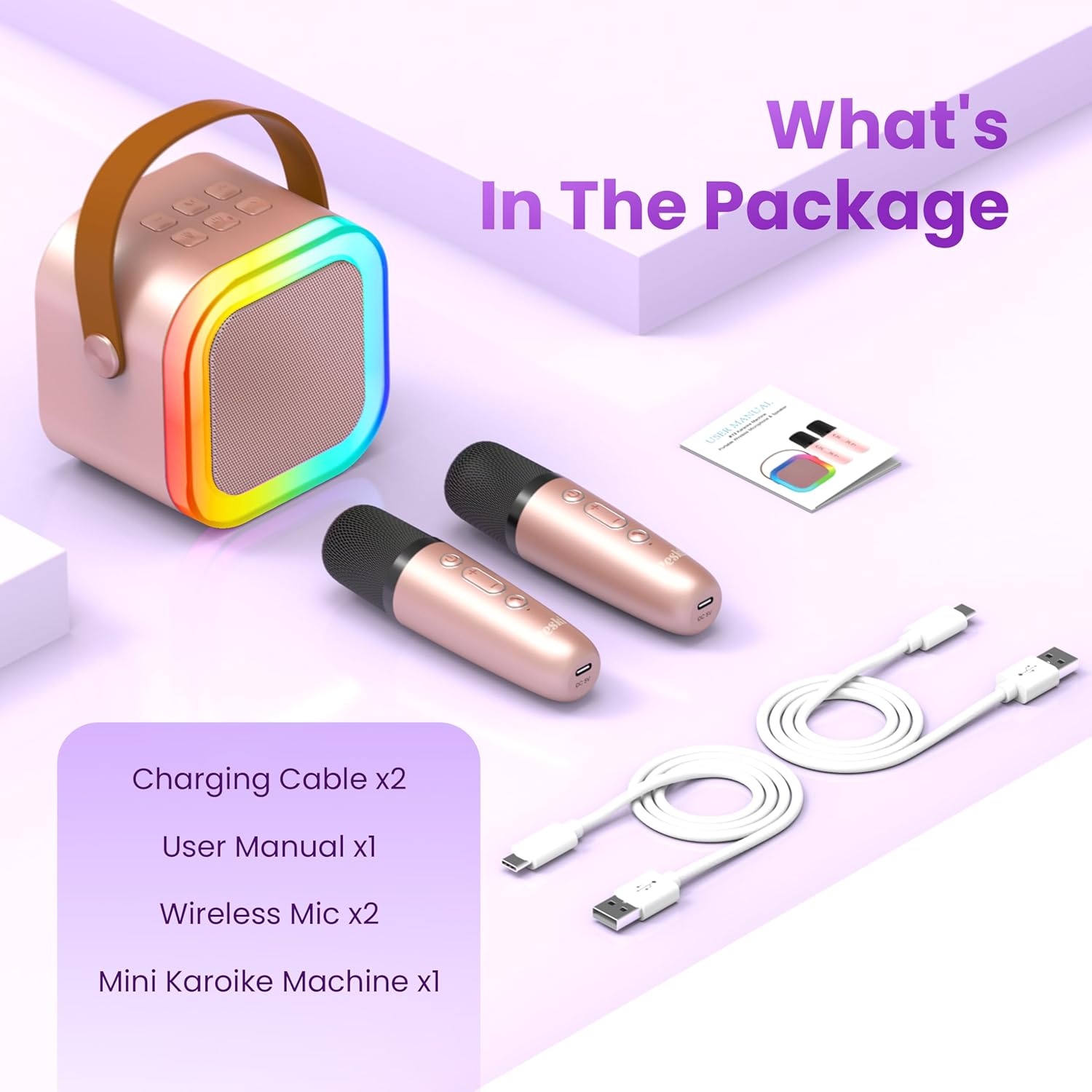 Shows all components included in the karaoke machine package, helping customers understand exactly what they'll receive with their purchase.