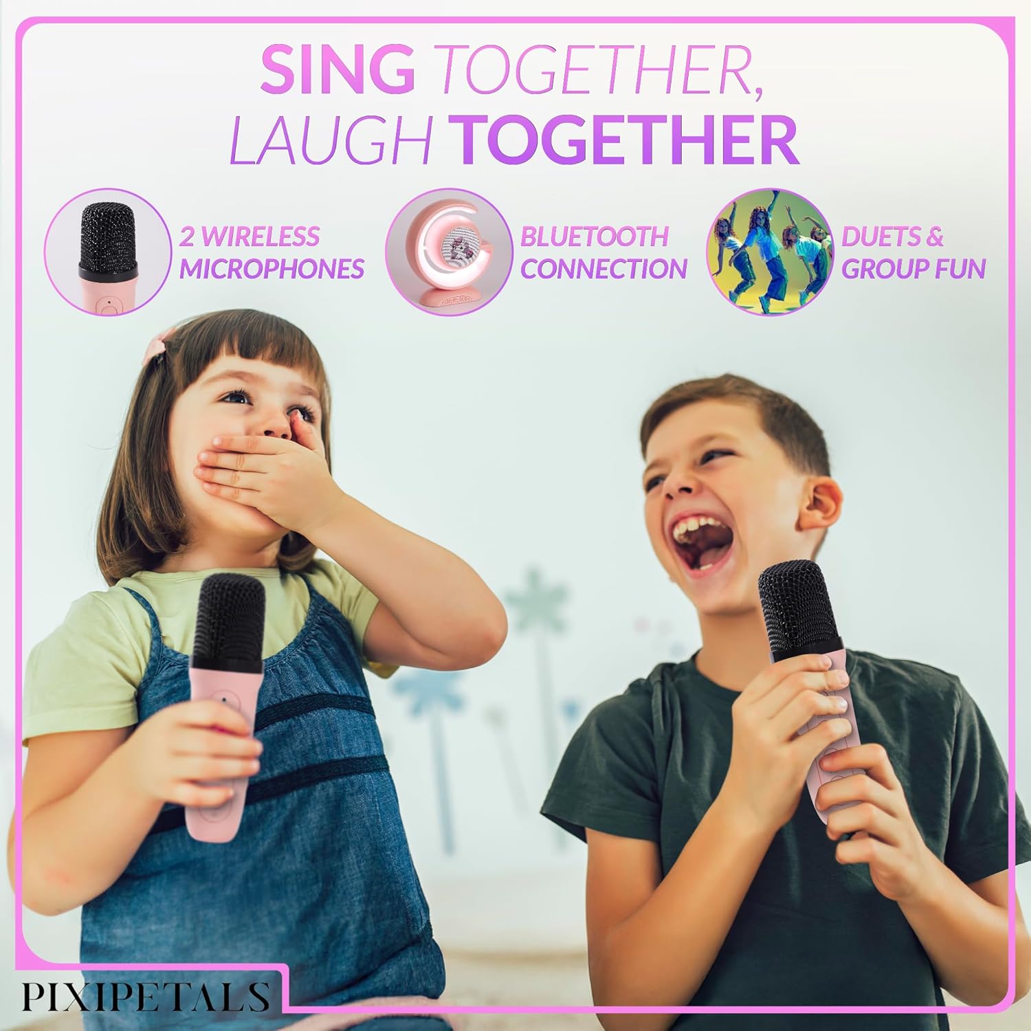 Highlights multiple features of the product to show its versatility for group entertainment and singing together. Demonstrates how the product can be used for duets and group entertainment,…