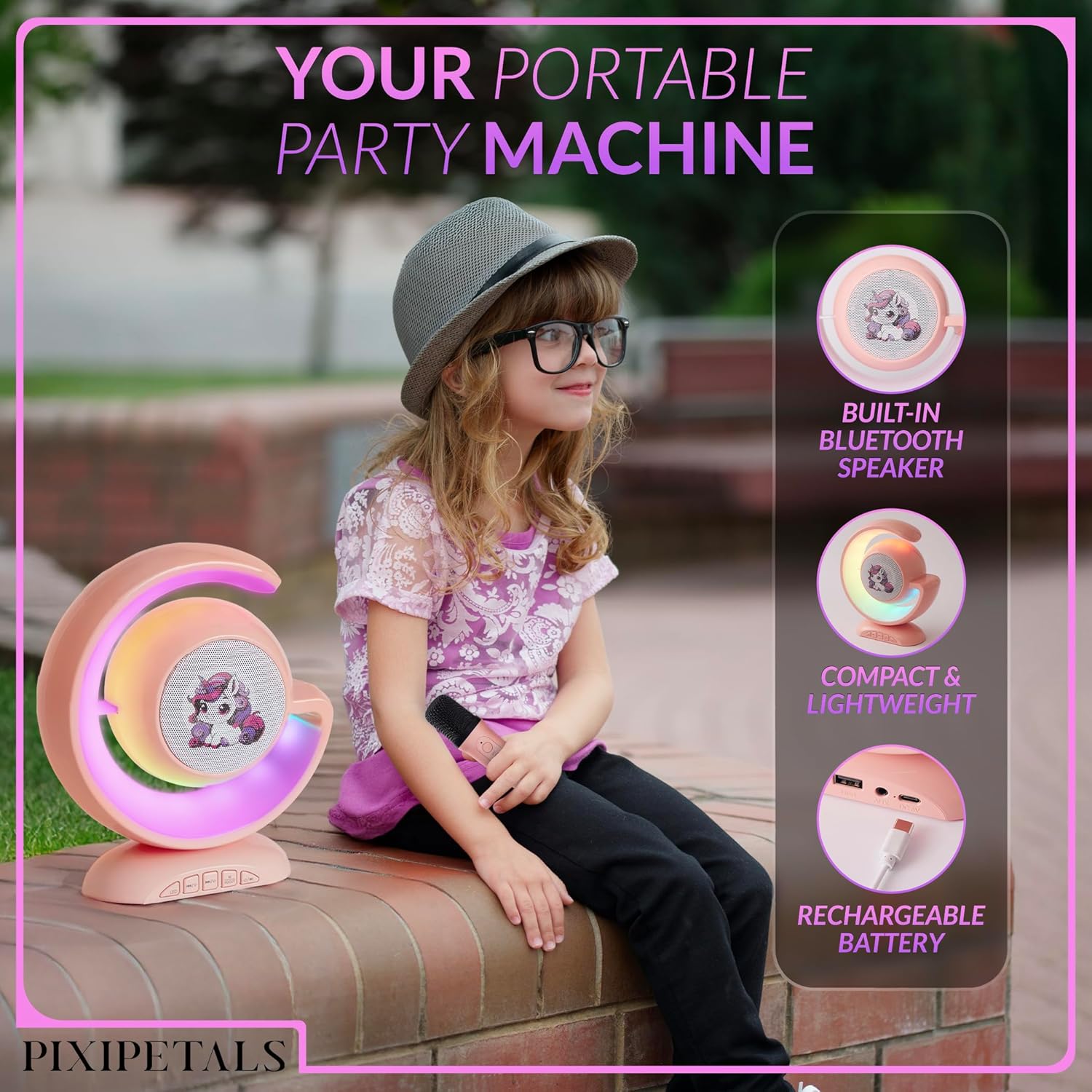 Showcases multiple features of the portable speaker to highlight its convenience and functionality for young users. Demonstrates the product's use in an outdoor setting, emphasizing its portability…