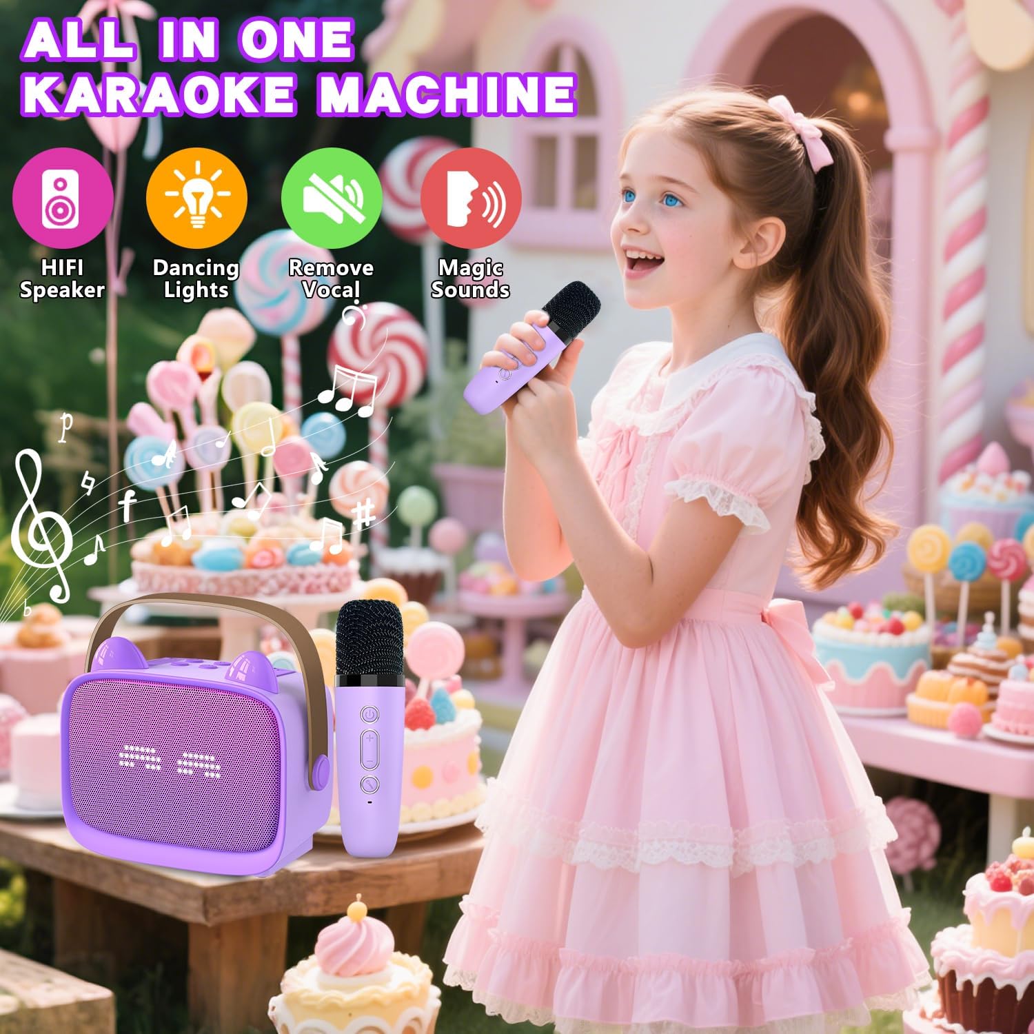 Showcases multiple features of the karaoke machine to highlight its all-in-one functionality and appeal to children and parents.