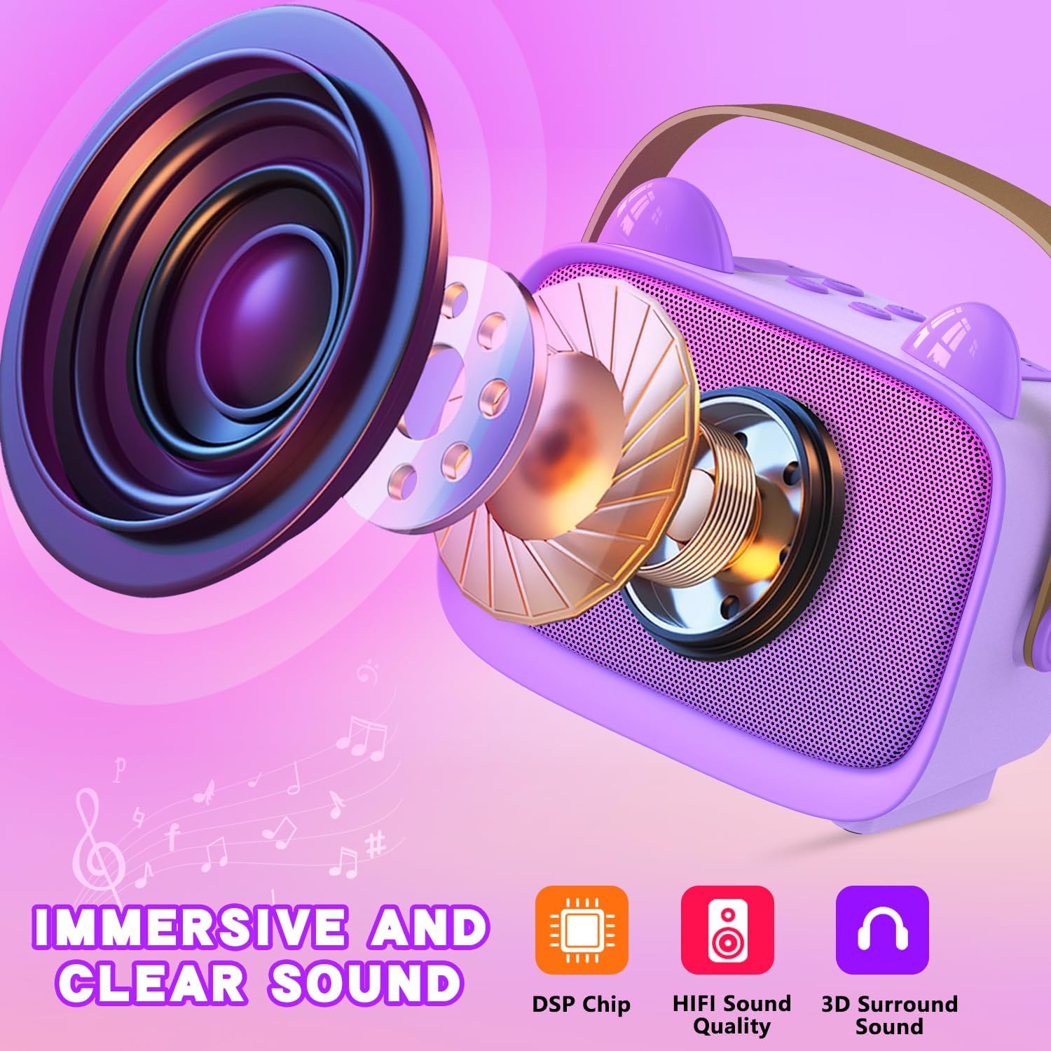 Highlights the internal components of the speaker to showcase its high-quality audio technology and build. Demonstrates multiple audio features including DSP chip, HIFI sound quality, and 3D…