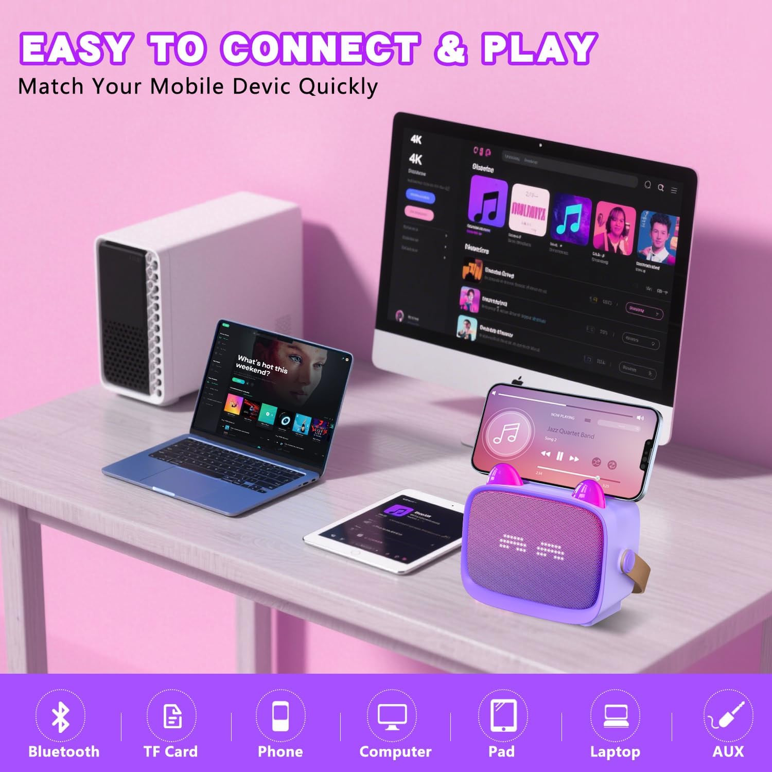 Demonstrates how easily the product connects to various devices for playing music, reassuring customers about compatibility and ease of use. Shows the wide range of devices the product is compatible…